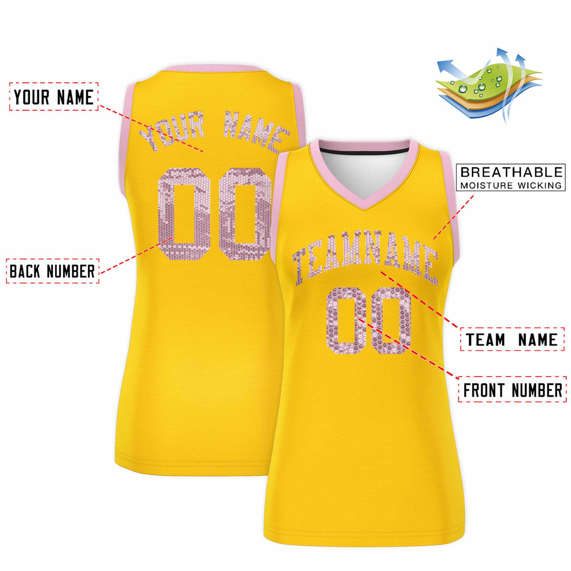 Custom Gold Light Pink Women Basketball Jersey Sequined Dress|KXKSHOP