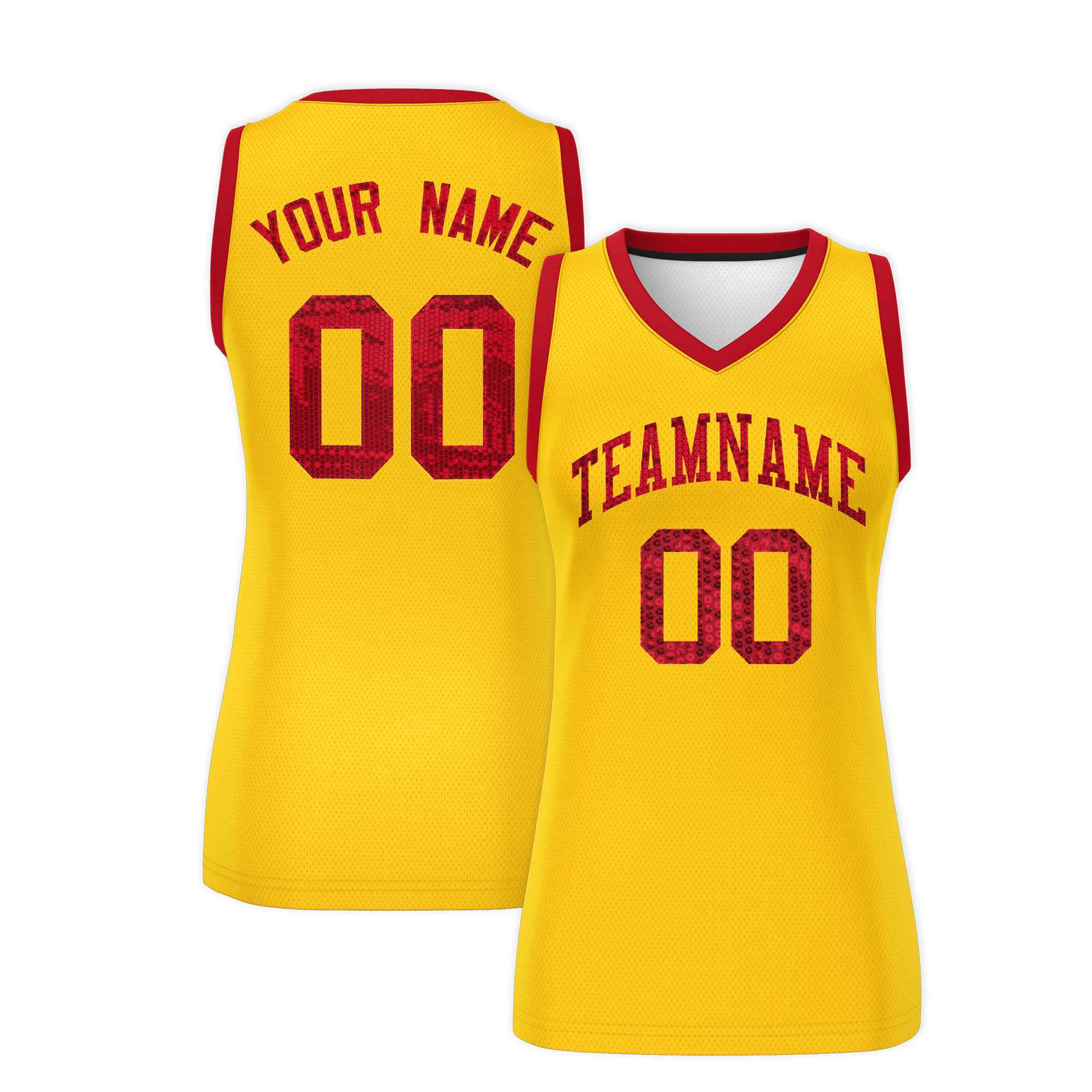 Custom Gold Red Women Basketball Jersey Sequined Dress|KXKSHOP