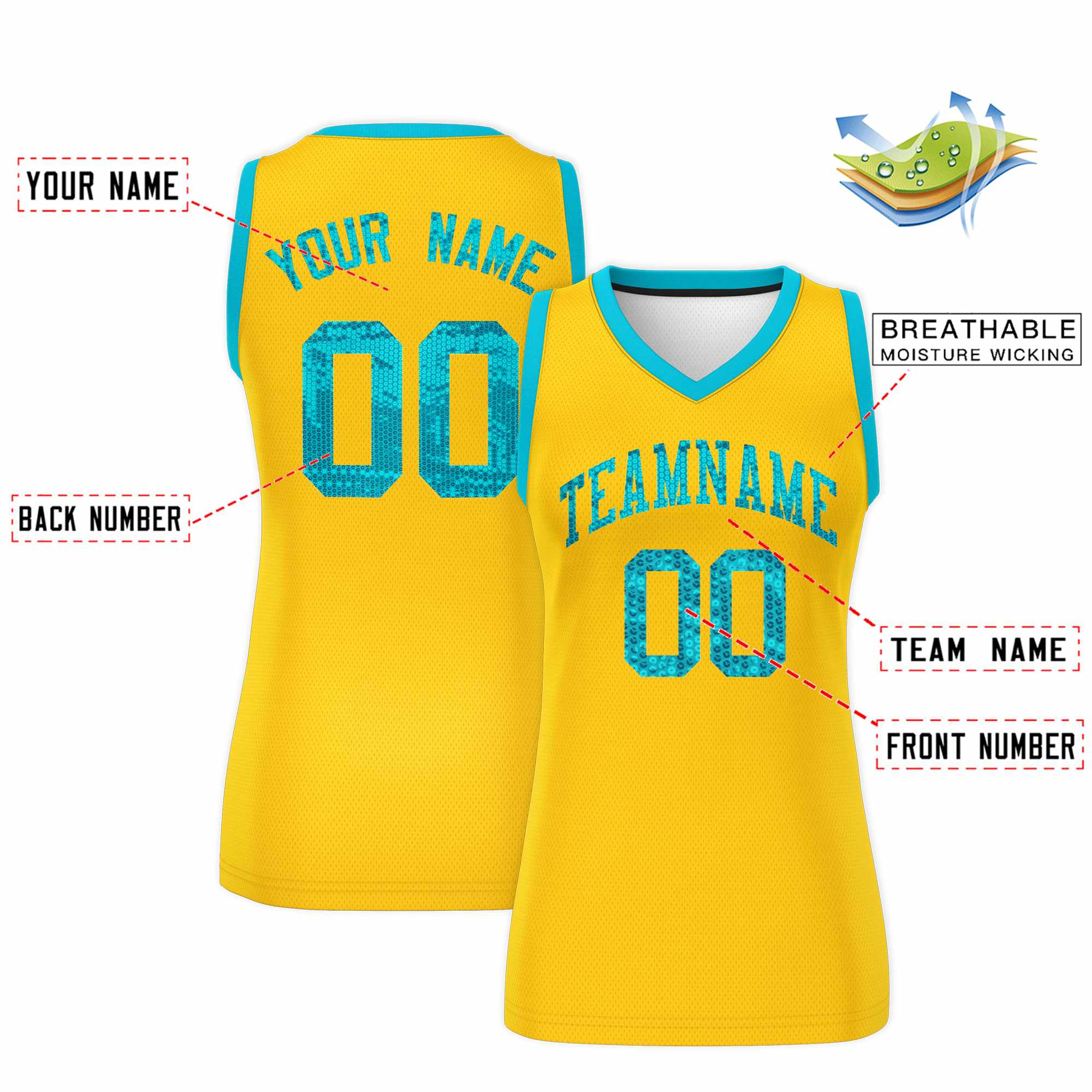 Custom Gold Sky Blue Women Basketball Jersey Sequined Dress|KXKSHOP