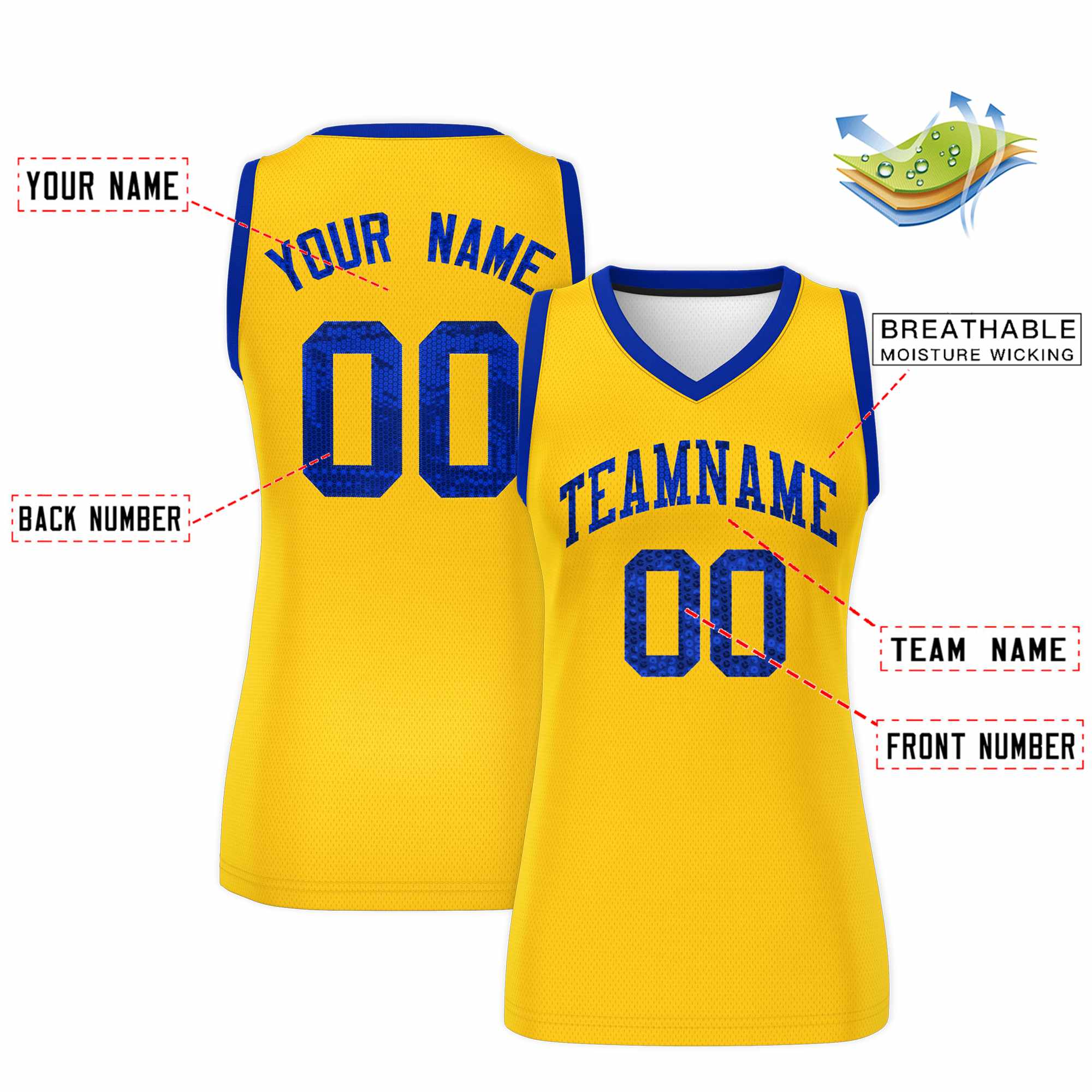 Custom Gold Royal Women Basketball Jersey Sequined Dress|KXKSHOP