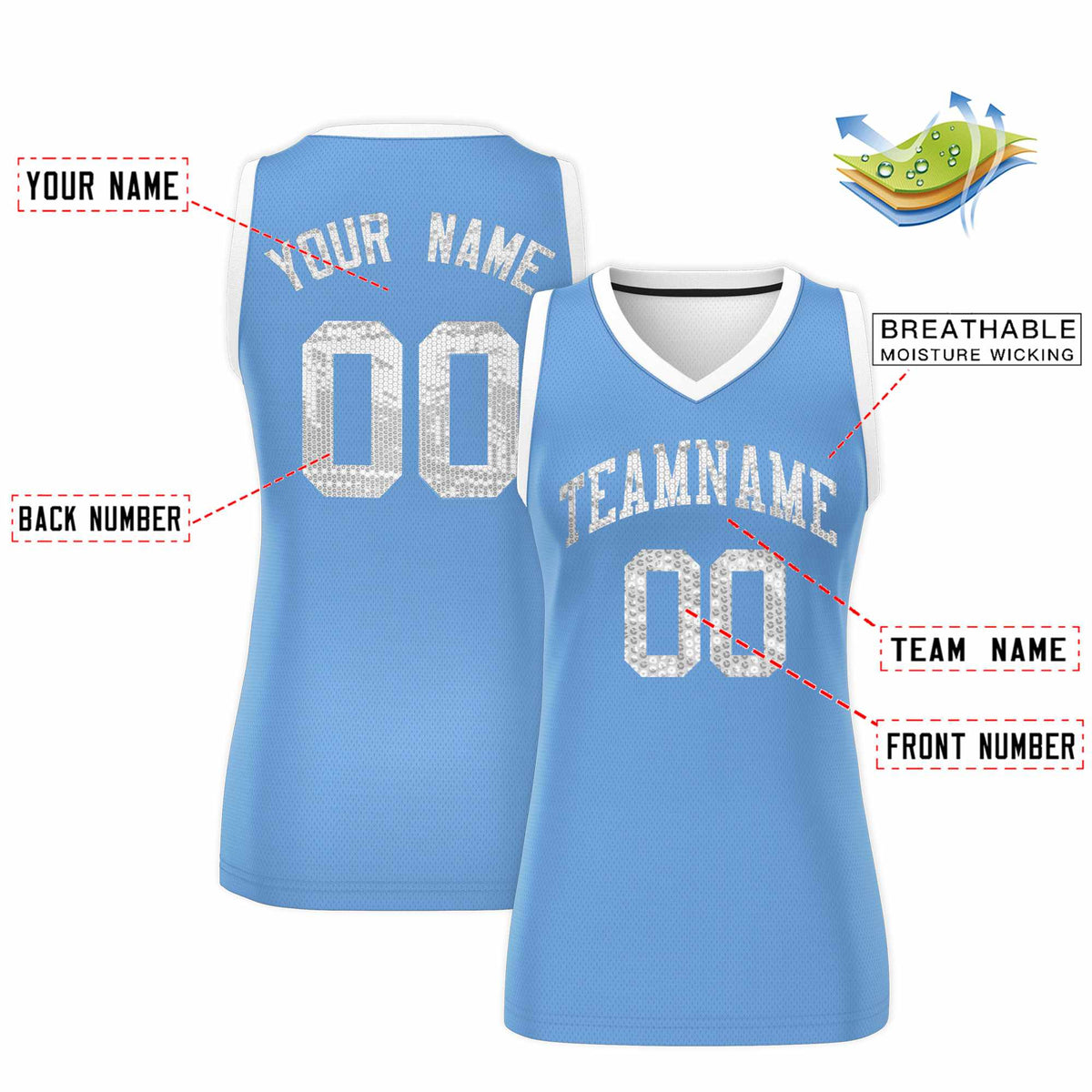 Custom Light Blue White Women Basketball Jersey Sequined Dress|KXKSHOP