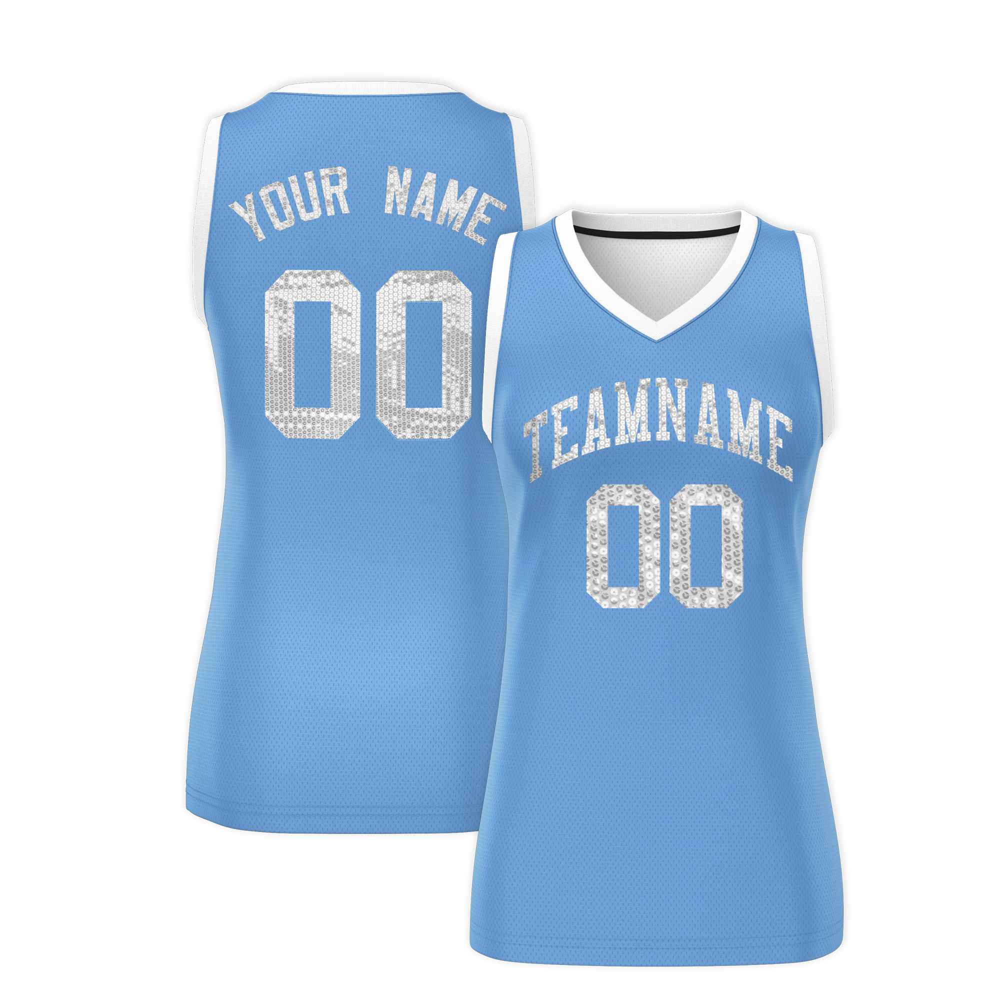 Custom Light Blue White Women Basketball Jersey Sequined Dress|KXKSHOP