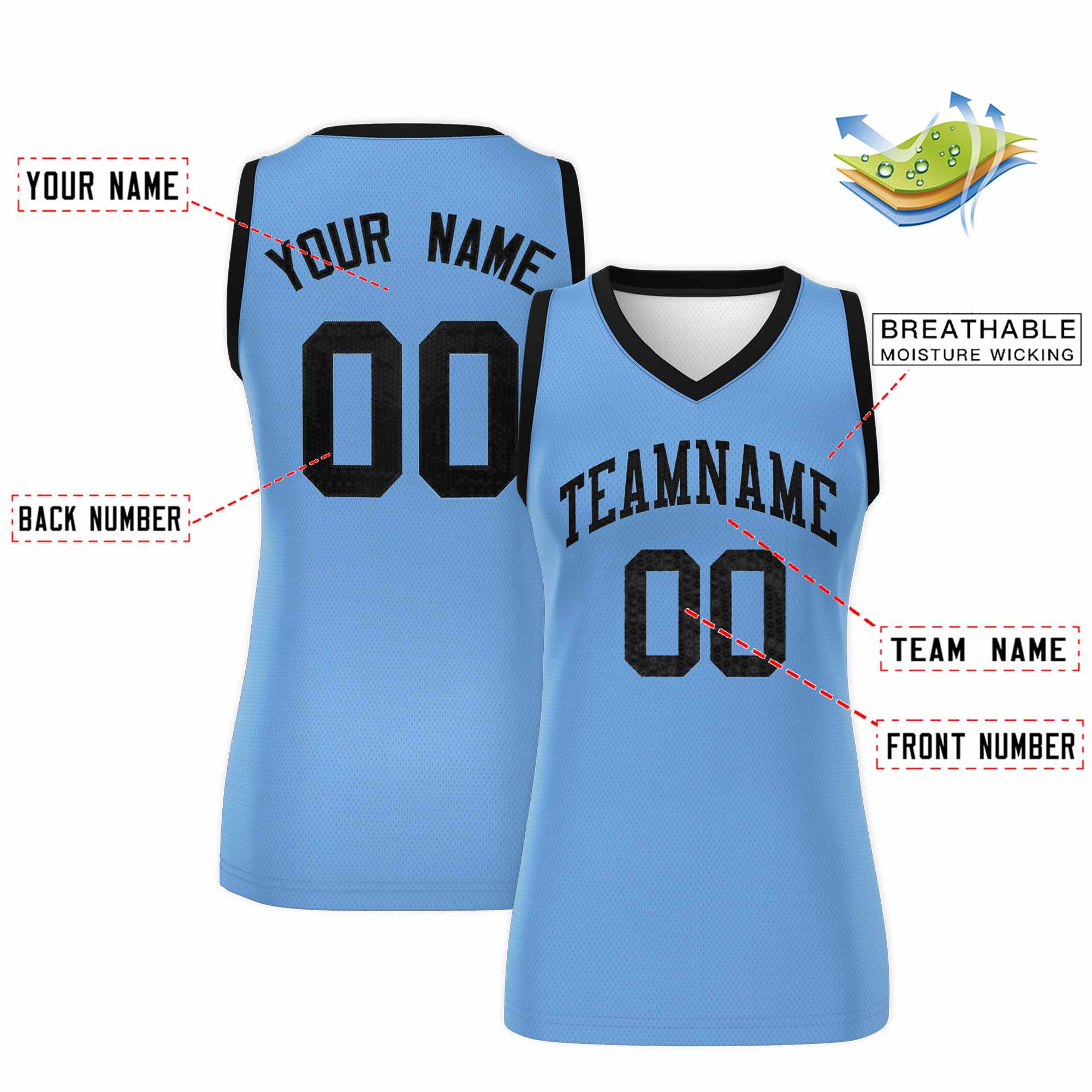 Custom Light Blue Black Women Basketball Jersey Sequined Dress|KXKSHOP