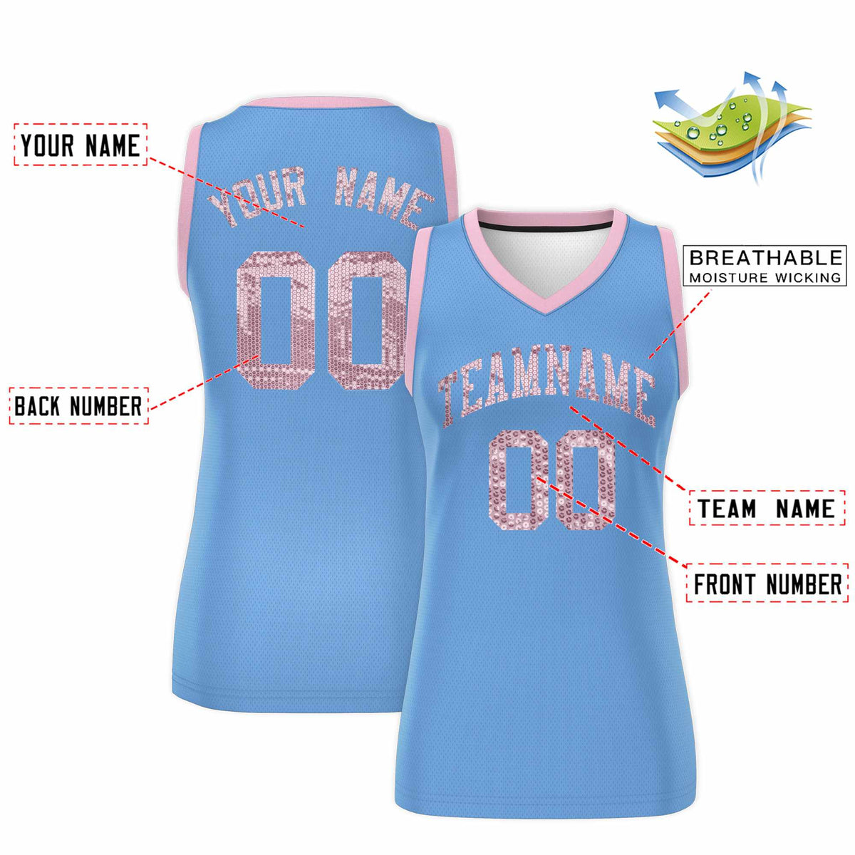 Custom Light Blue Light Pink Women Basketball Jersey Sequined Dress|KXKSHOP