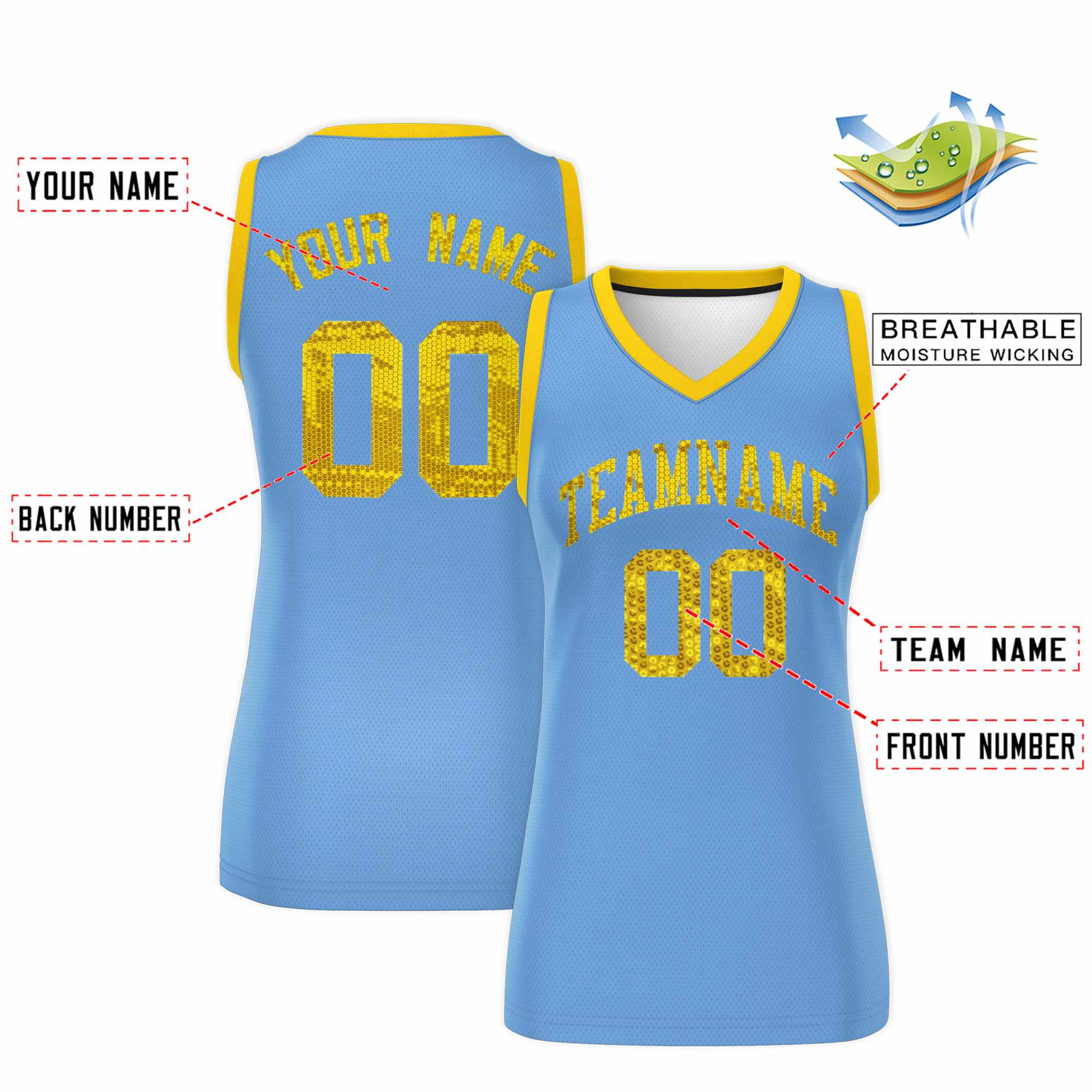 Custom Light Blue Gold Women Basketball Jersey Sequined Dress|KXKSHOP