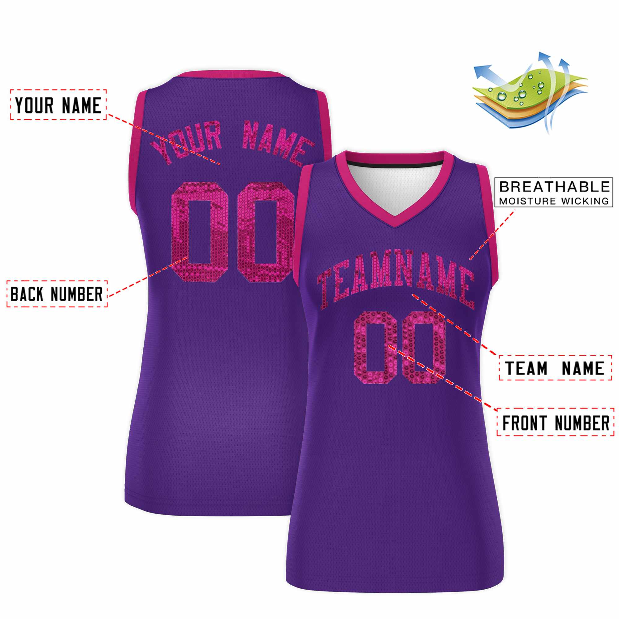 Custom Purple Pink Women Basketball Jersey Sequined Dress|KXKSHOP
