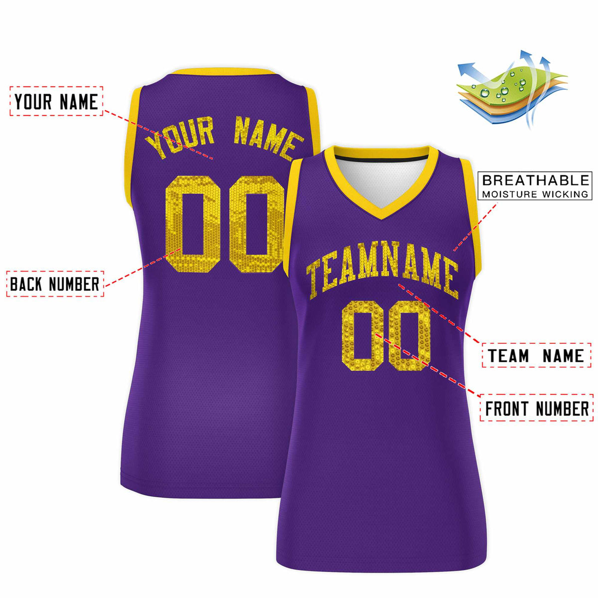 Custom Purple Gold Women Basketball Jersey Sequined Dress|KXKSHOP