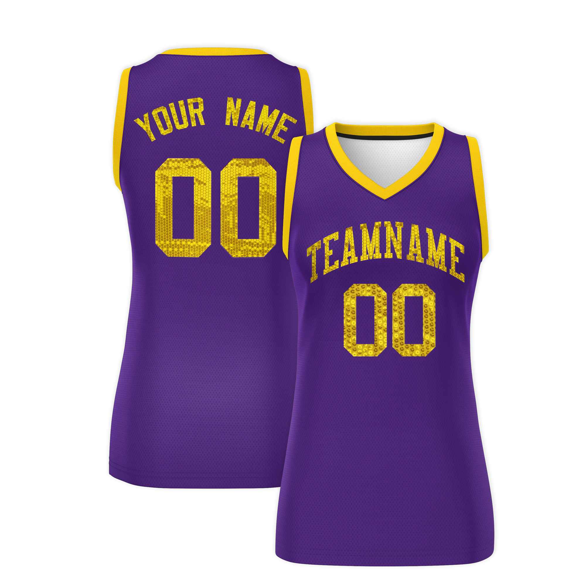 Custom Purple Gold Women Basketball Jersey Sequined Dress|KXKSHOP