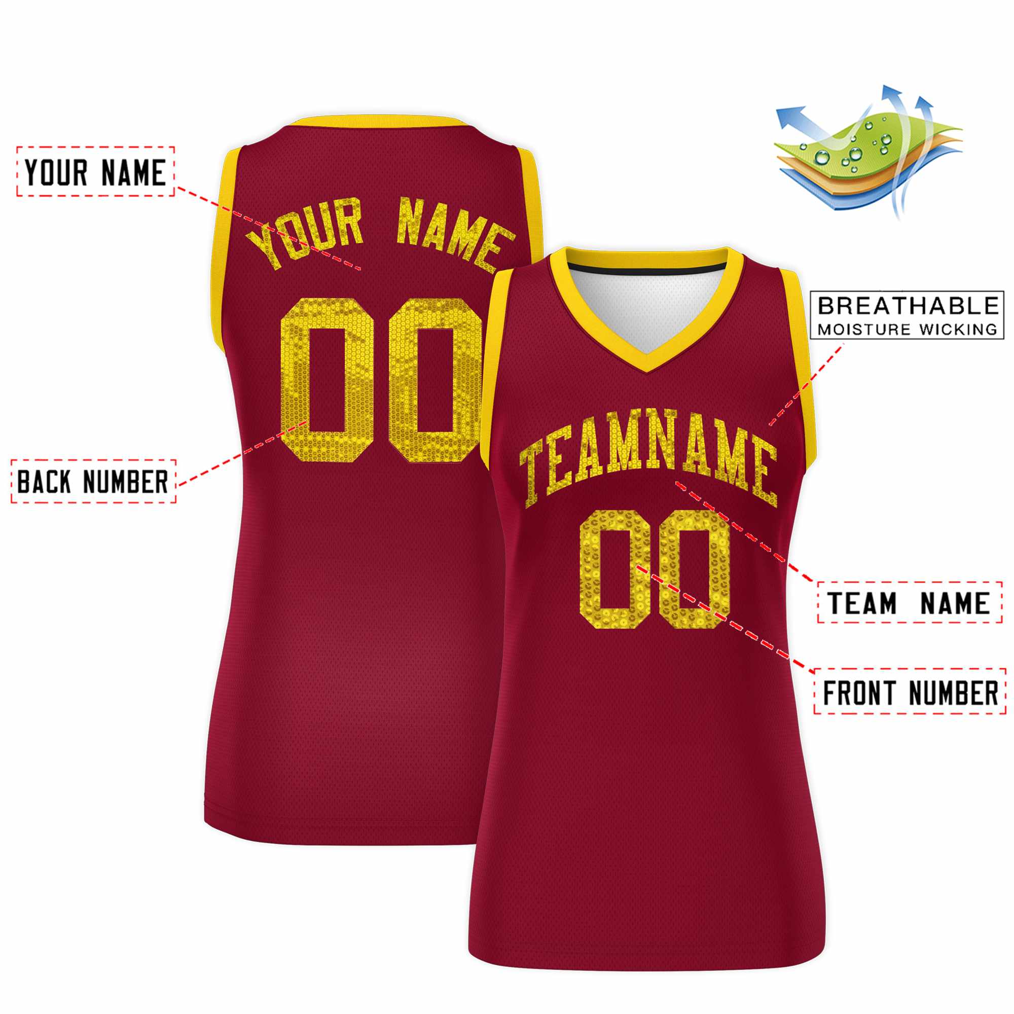 Custom Crimson Gold Women Basketball Jersey Sequined Dress|KXKSHOP