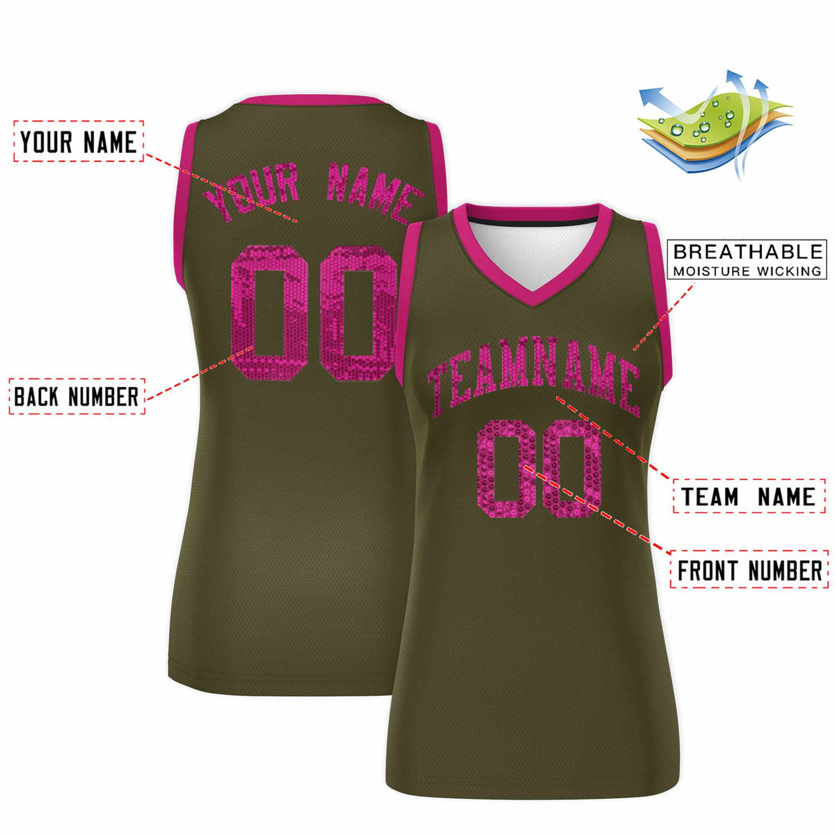 Custom Olive Pink Women Basketball Jersey Sequined Dress|KXKSHOP