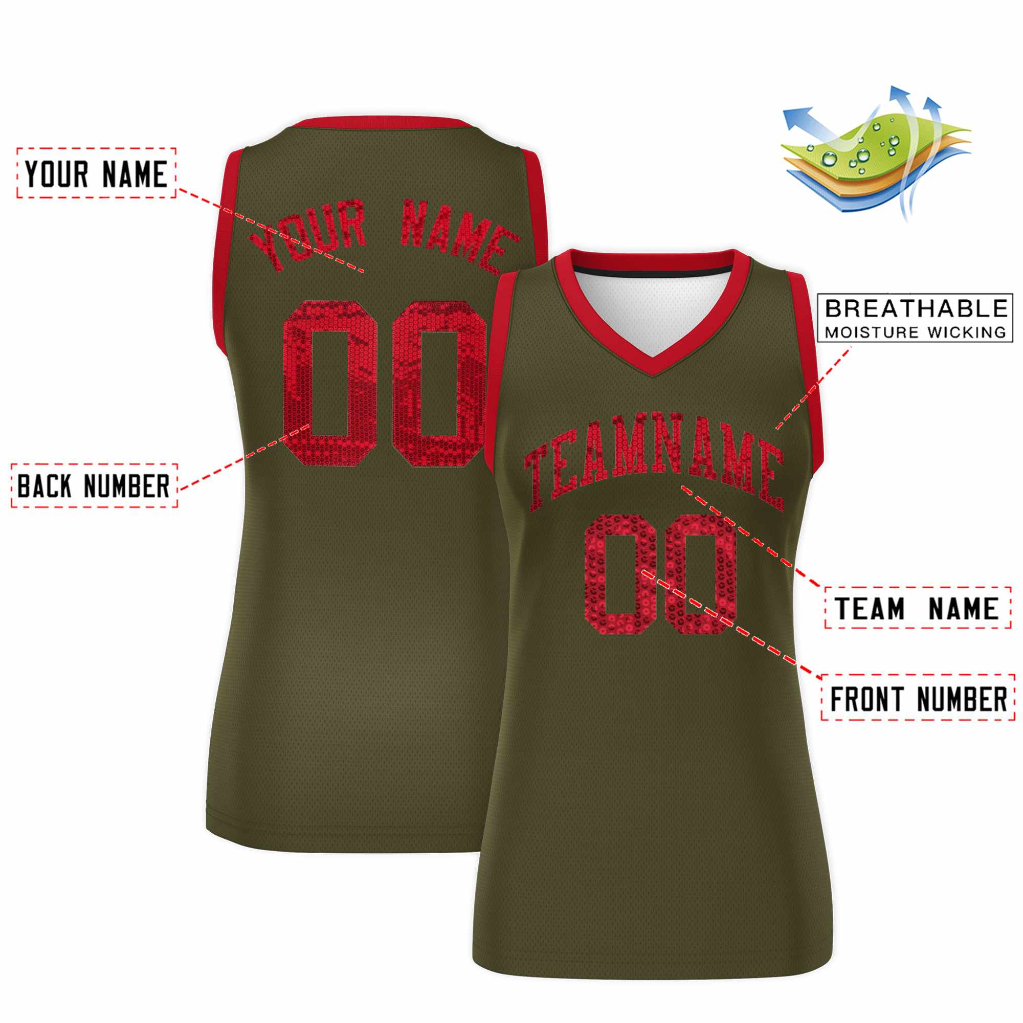 Custom Olive Red Women Basketball Jersey Sequined Dress|KXKSHOP