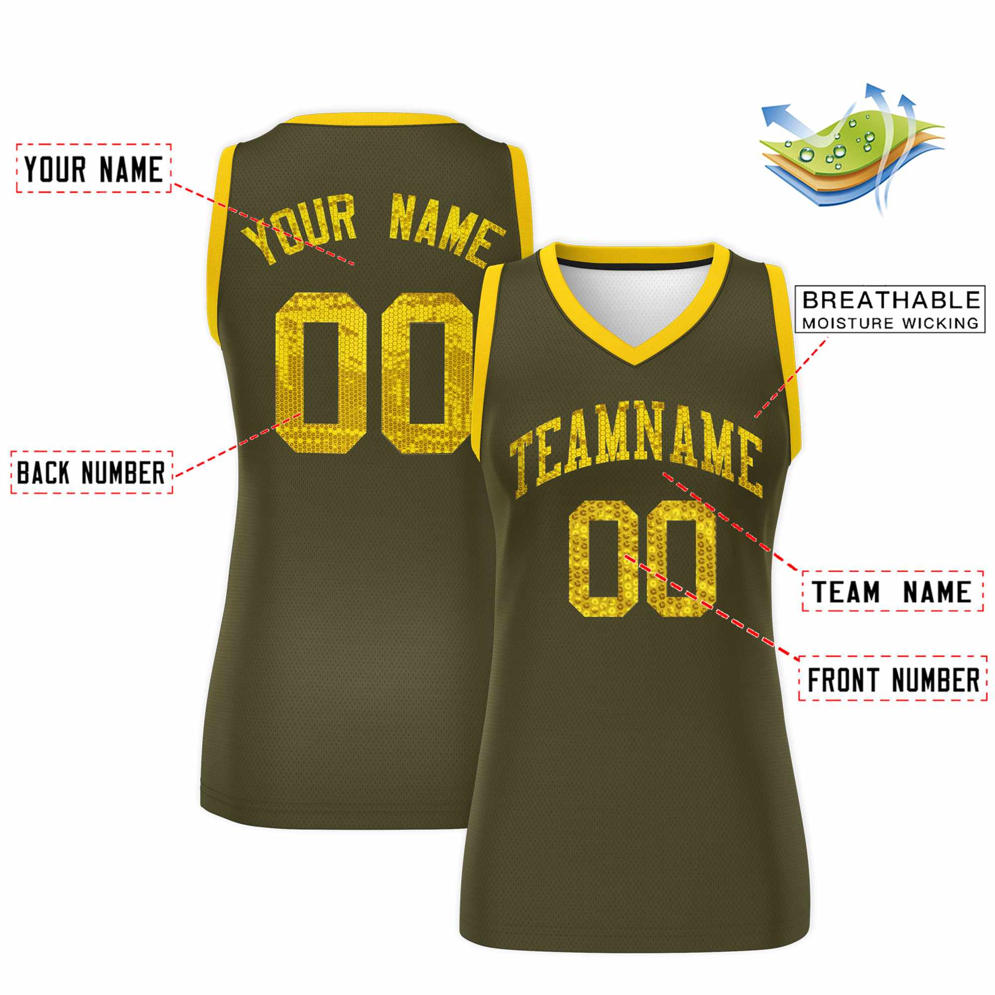Custom Olive Gold Women Basketball Jersey Sequined Dress|KXKSHOP
