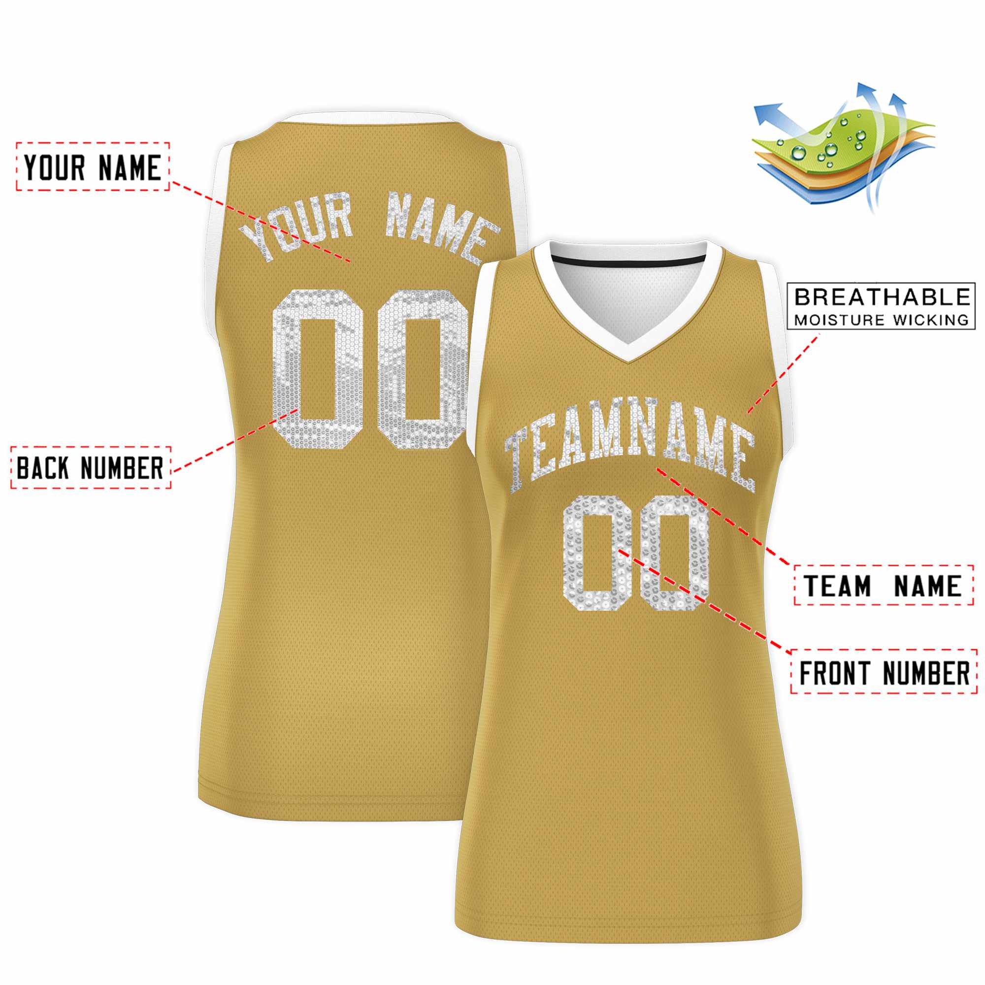 Custom Old Gold White Women Basketball Jersey Sequined Dress|KXKSHOP