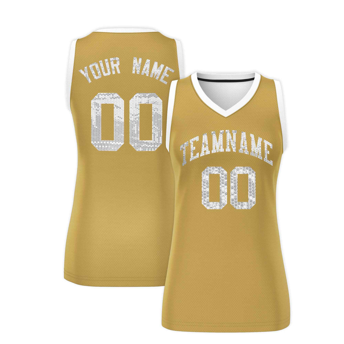 Custom Old Gold White Women Basketball Jersey Sequined Dress|KXKSHOP