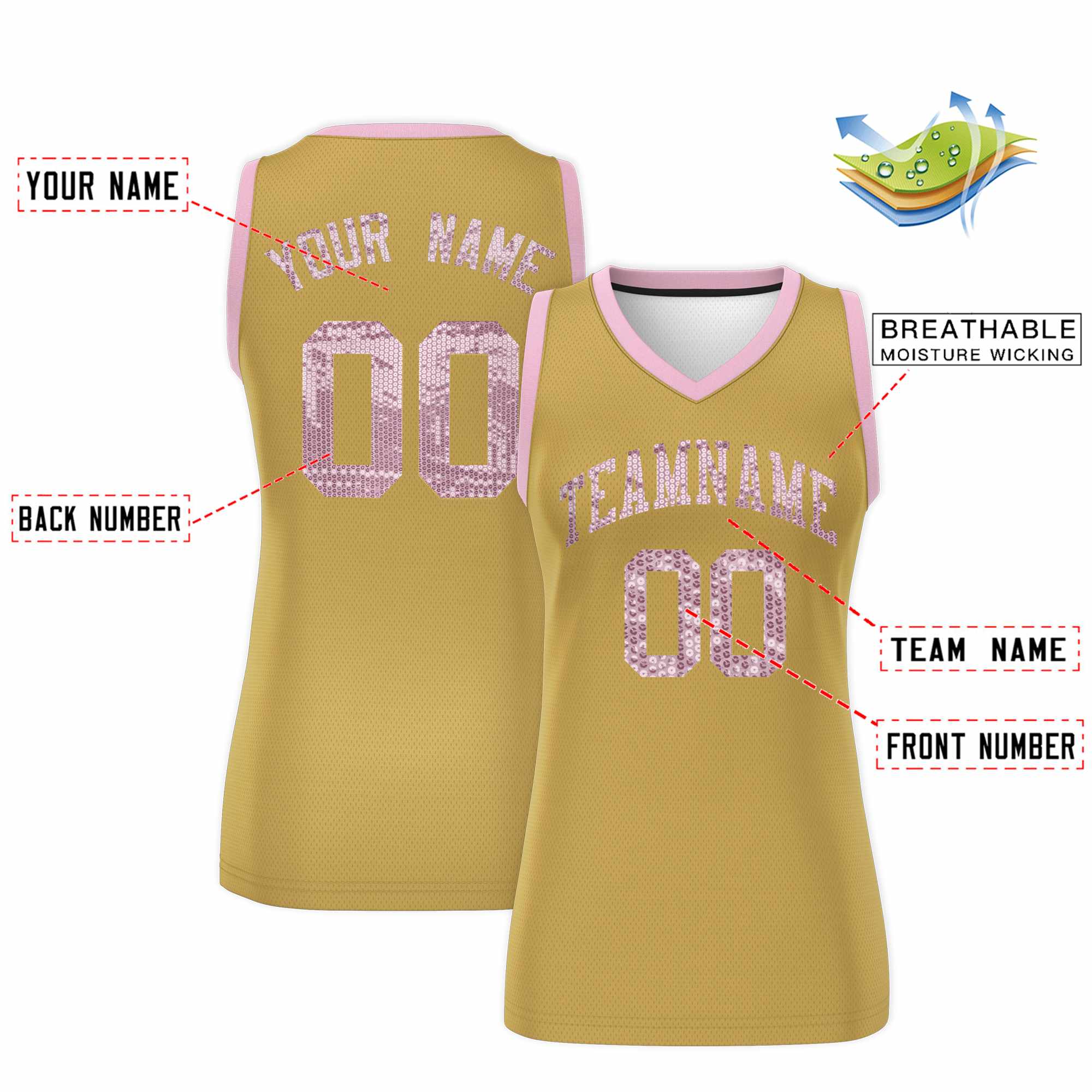 Custom Old Gold Light Pink Women Basketball Jersey Sequined Dress|KXKSHOP