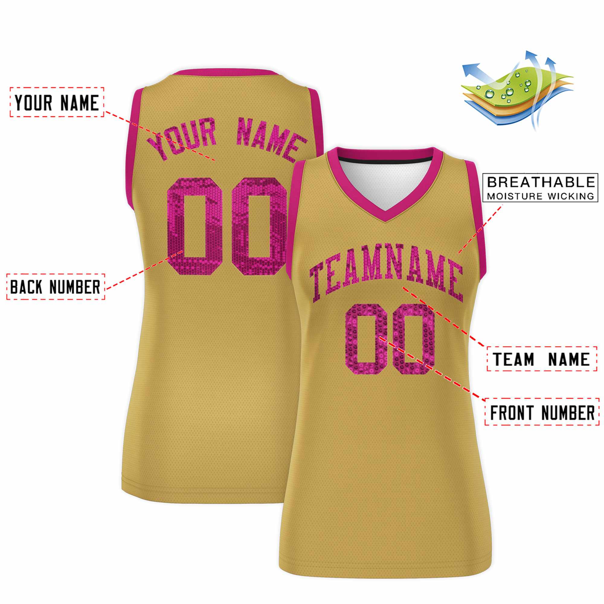 Custom Old Gold Pink Women Basketball Jersey Sequined Dress|KXKSHOP