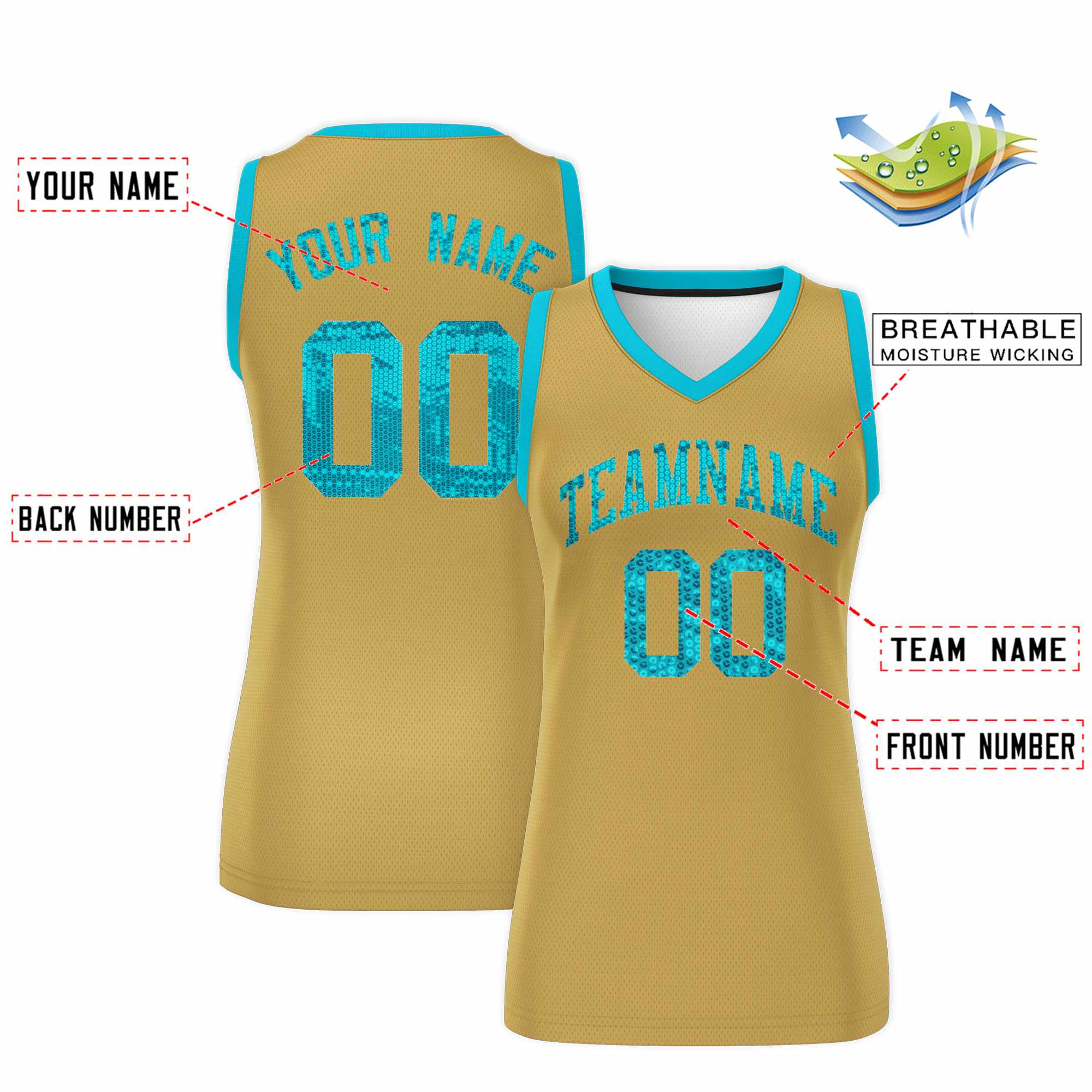 Custom Old Gold Sky Blue Women Basketball Jersey Sequined Dress|KXKSHOP