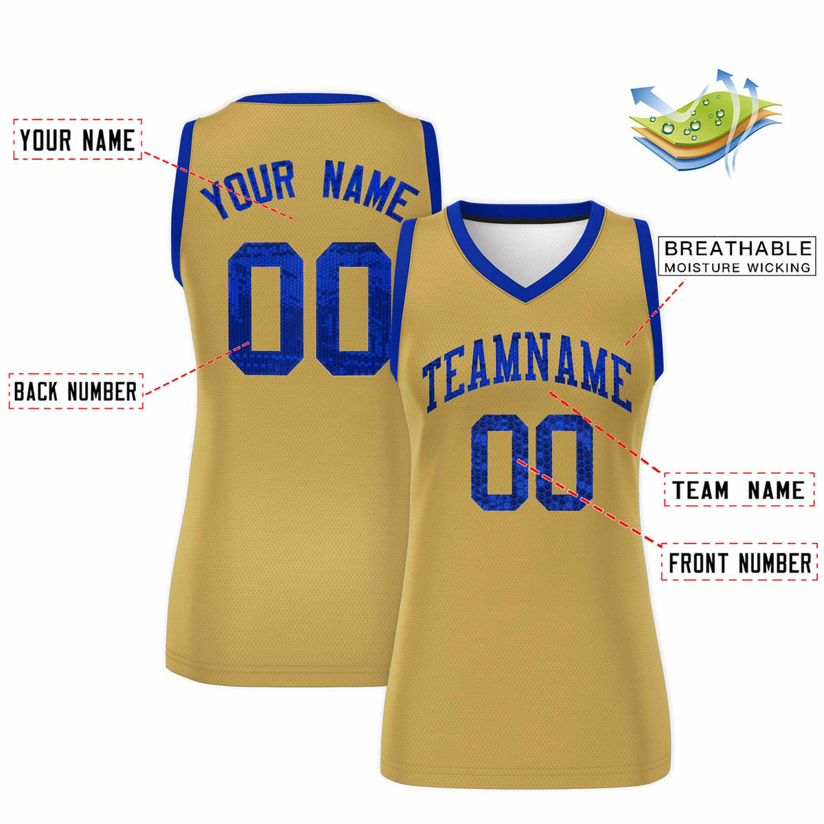 Custom Old Gold Royal Women Basketball Jersey Sequined Dress|KXKSHOP