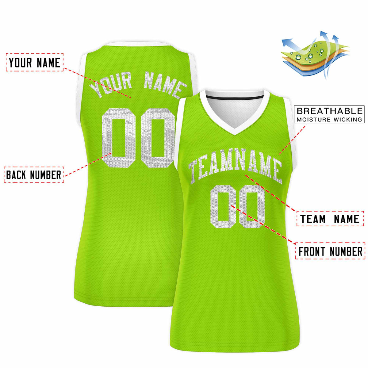 Custom Neon Green White Women Basketball Jersey Sequined Dress|KXKSHOP