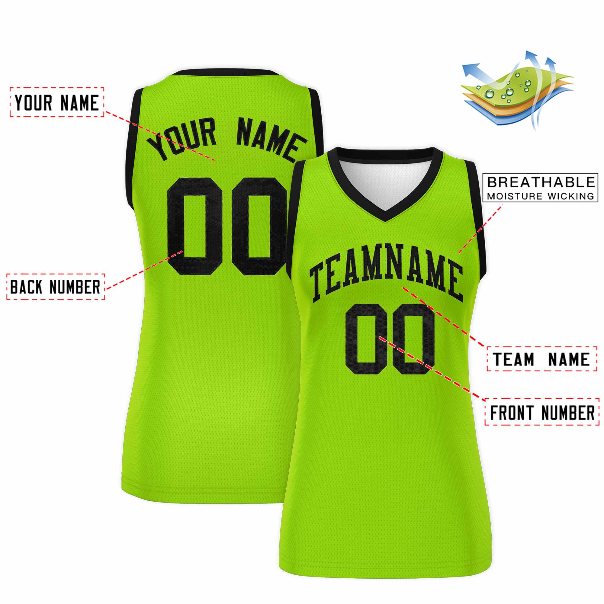 Custom Neon Green Black Women Basketball Jersey Sequined Dress|KXKSHOP
