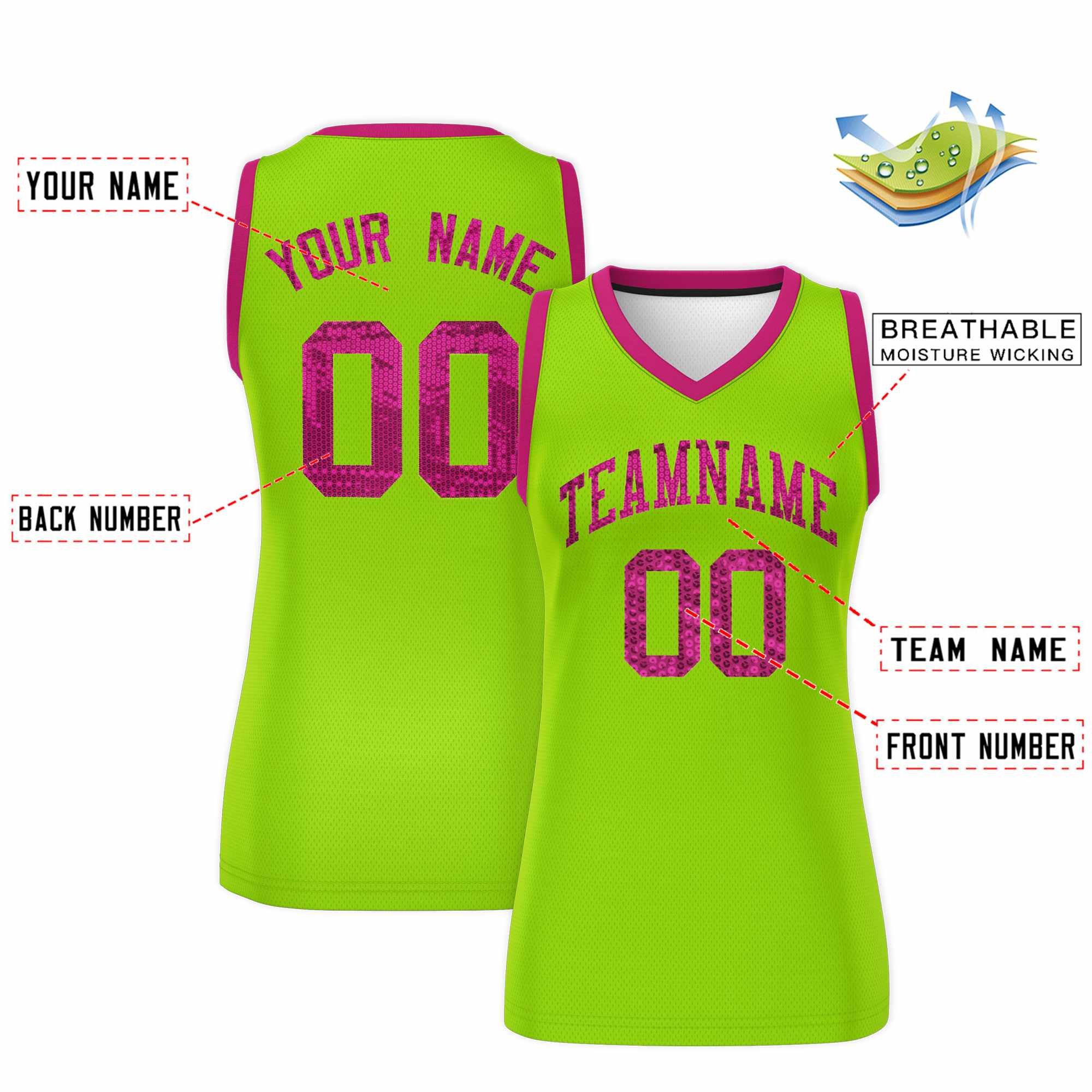 Custom Neon Green Pink Women Basketball Jersey Sequined Dress|KXKSHOP