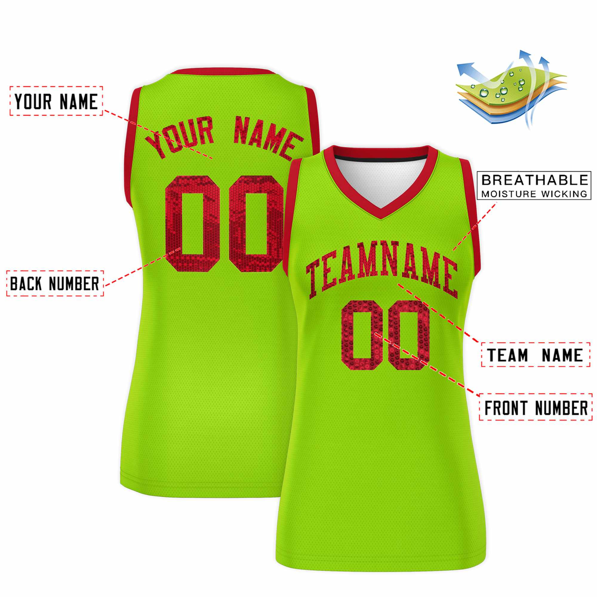 Custom Neon Green Red Women Basketball Jersey Sequined Dress|KXKSHOP