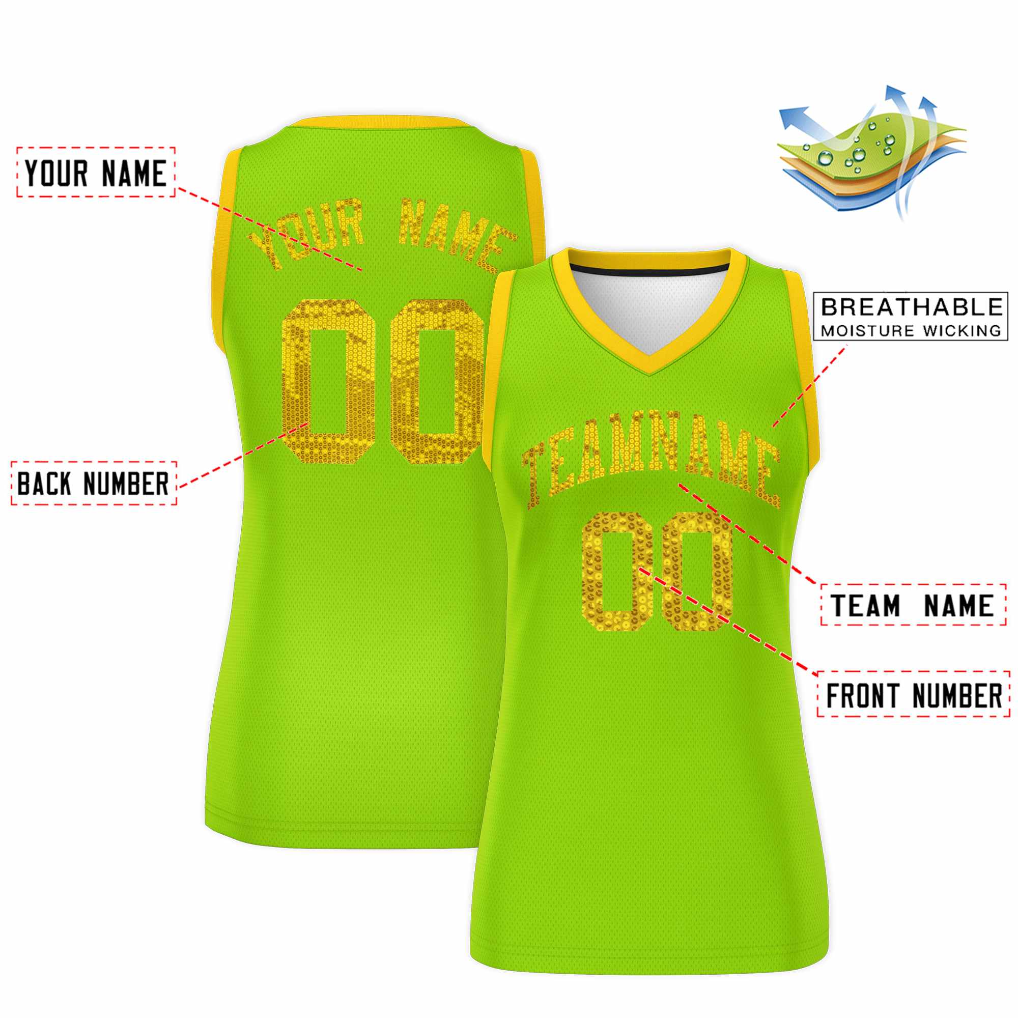 Custom Neon Green Gold Women Basketball Jersey Sequined Dress|KXKSHOP