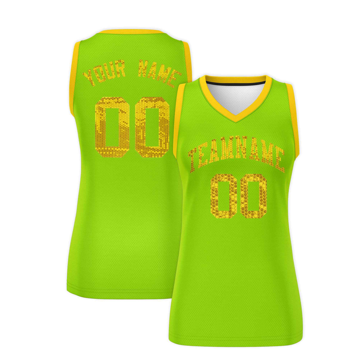 Custom Neon Green Gold Women Basketball Jersey Sequined Dress|KXKSHOP