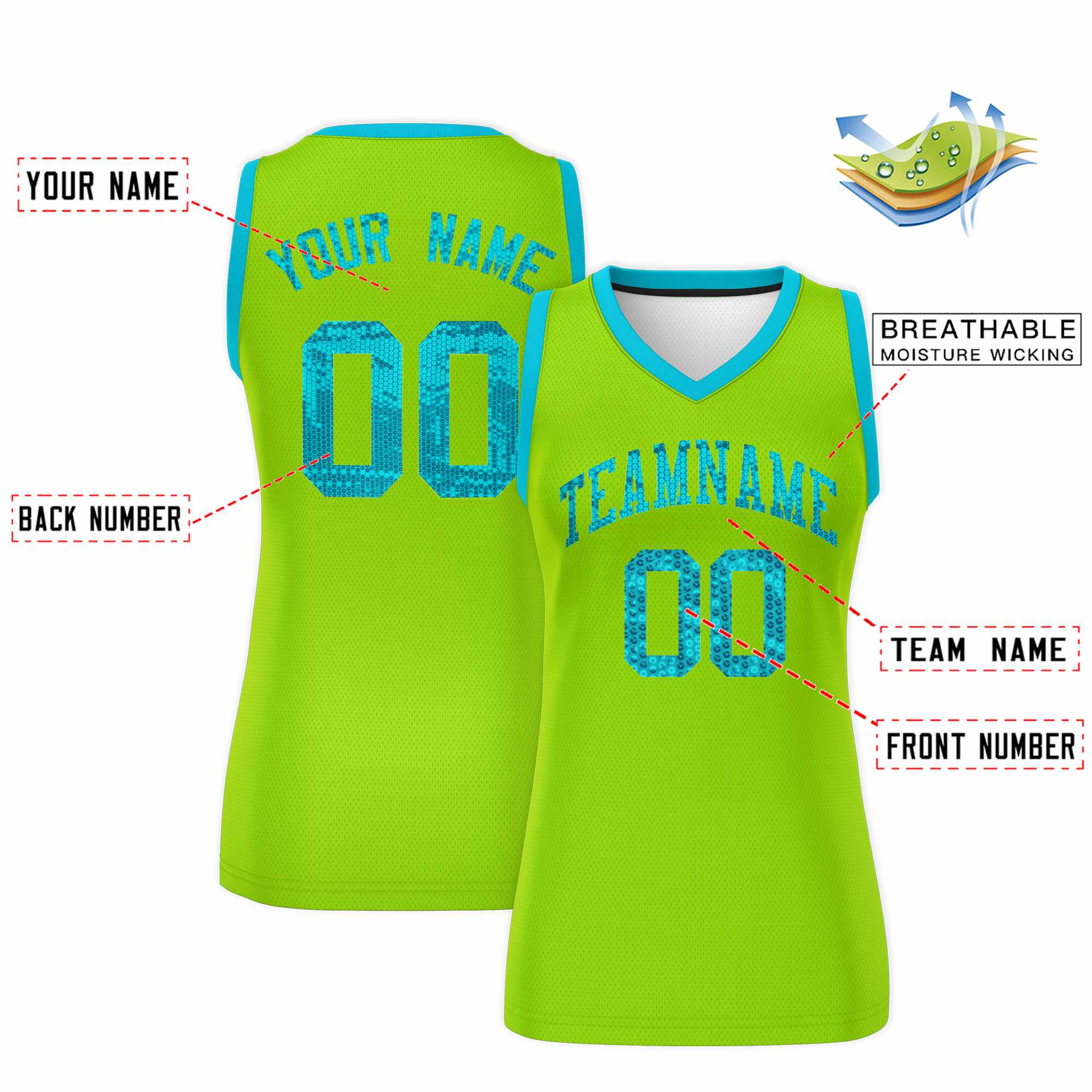 Custom Neon Green Sky Blue Women Basketball Jersey Sequined Dress|KXKSHOP