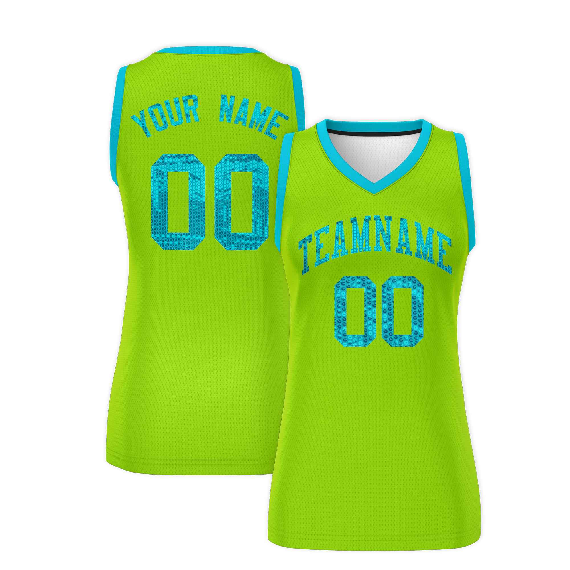 Custom Neon Green Sky Blue Women Basketball Jersey Sequined Dress|KXKSHOP