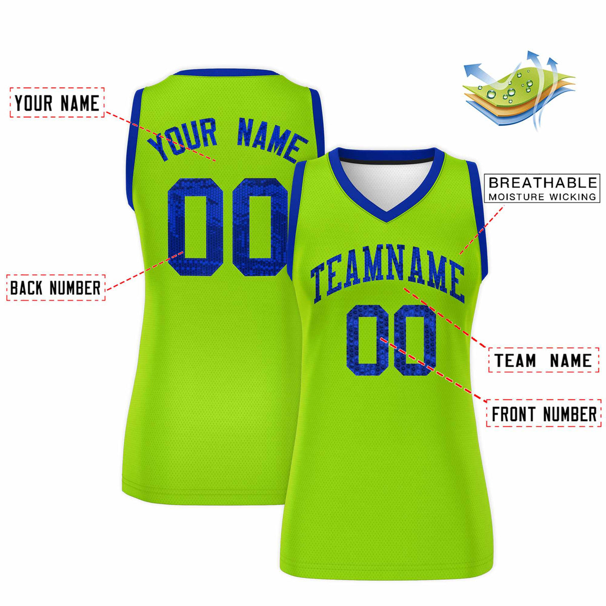 Custom Neon Green Royal Women Basketball Jersey Sequined Dress|KXKSHOP