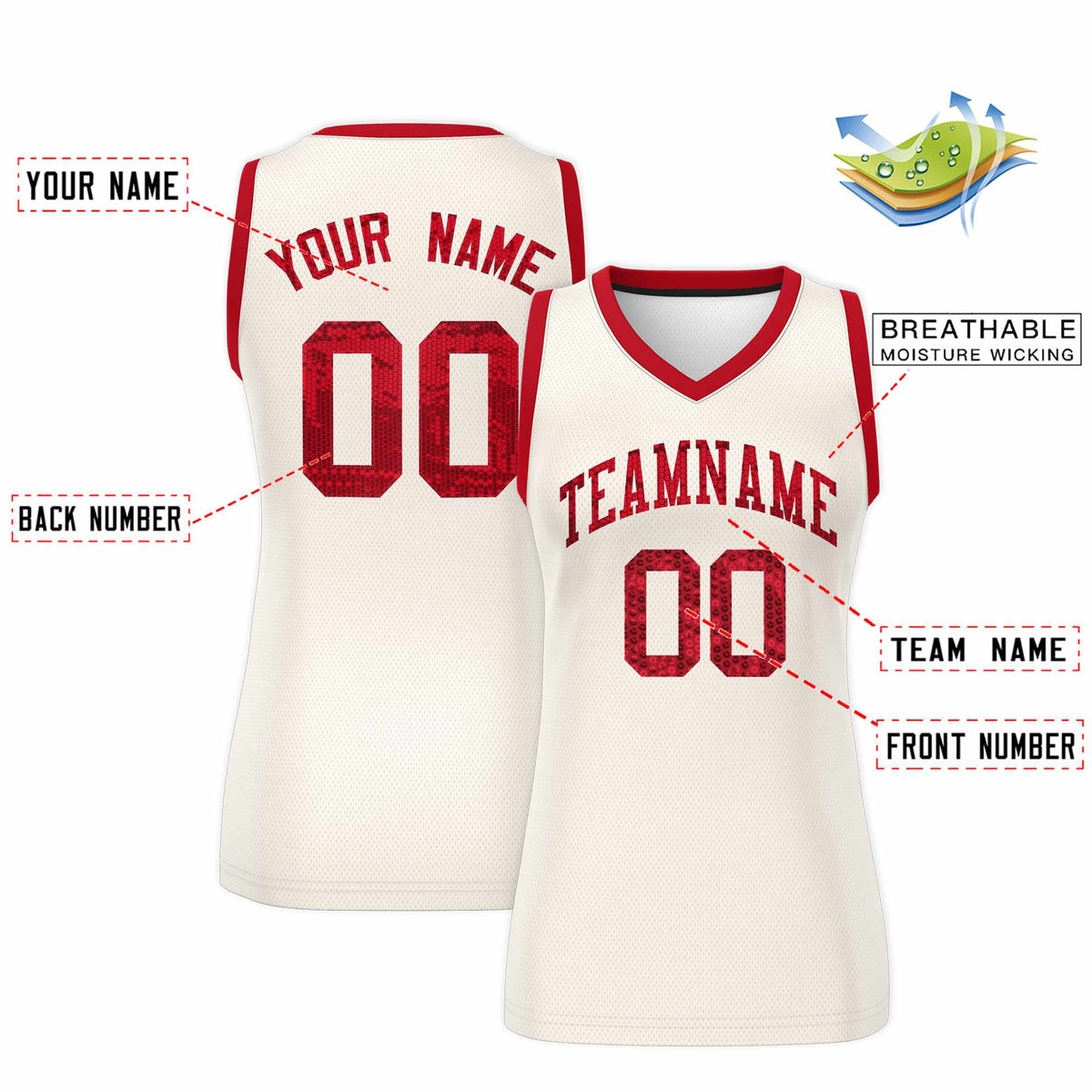 Custom Cream Red Women Basketball Jersey Sequined Dress|KXKSHOP