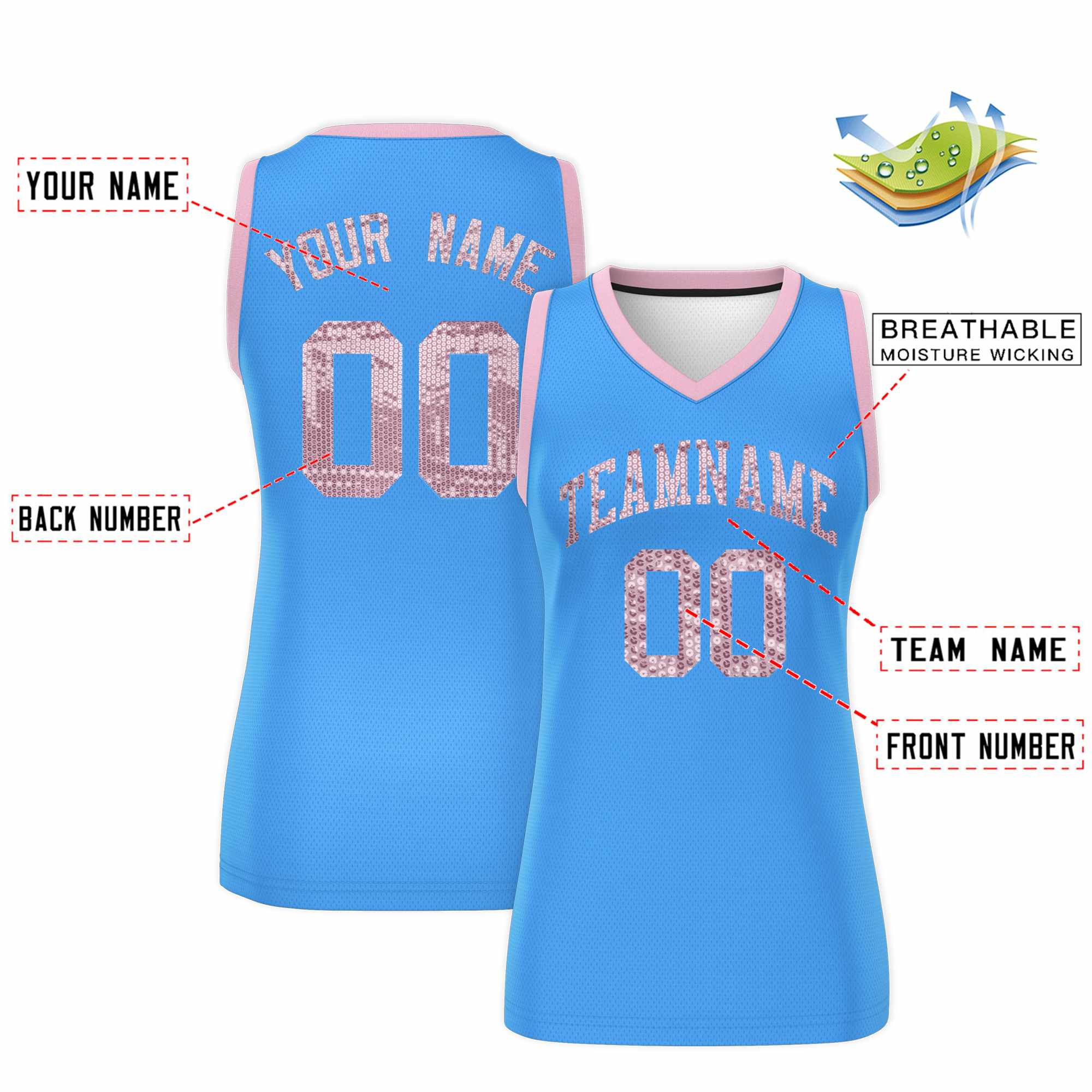 Custom Powder Blue Light Pink Women Basketball Jersey Sequined Dress|KXKSHOP