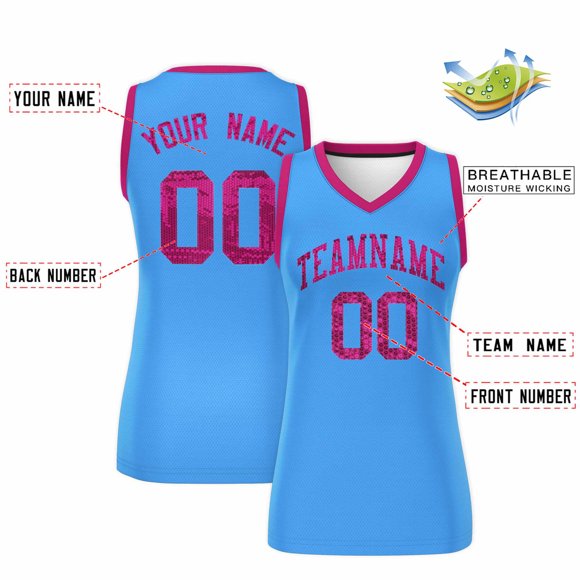 Custom Powder Blue Pink Women Basketball Jersey Sequined Dress|KXKSHOP