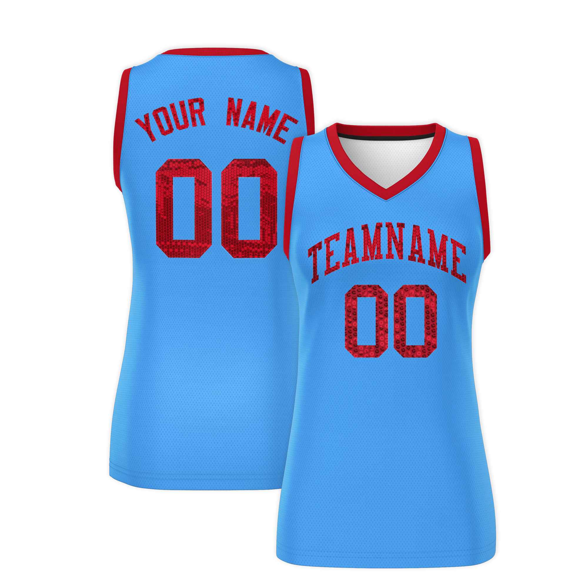 Custom Powder Blue Red Women Basketball Jersey Sequined Dress|KXKSHOP