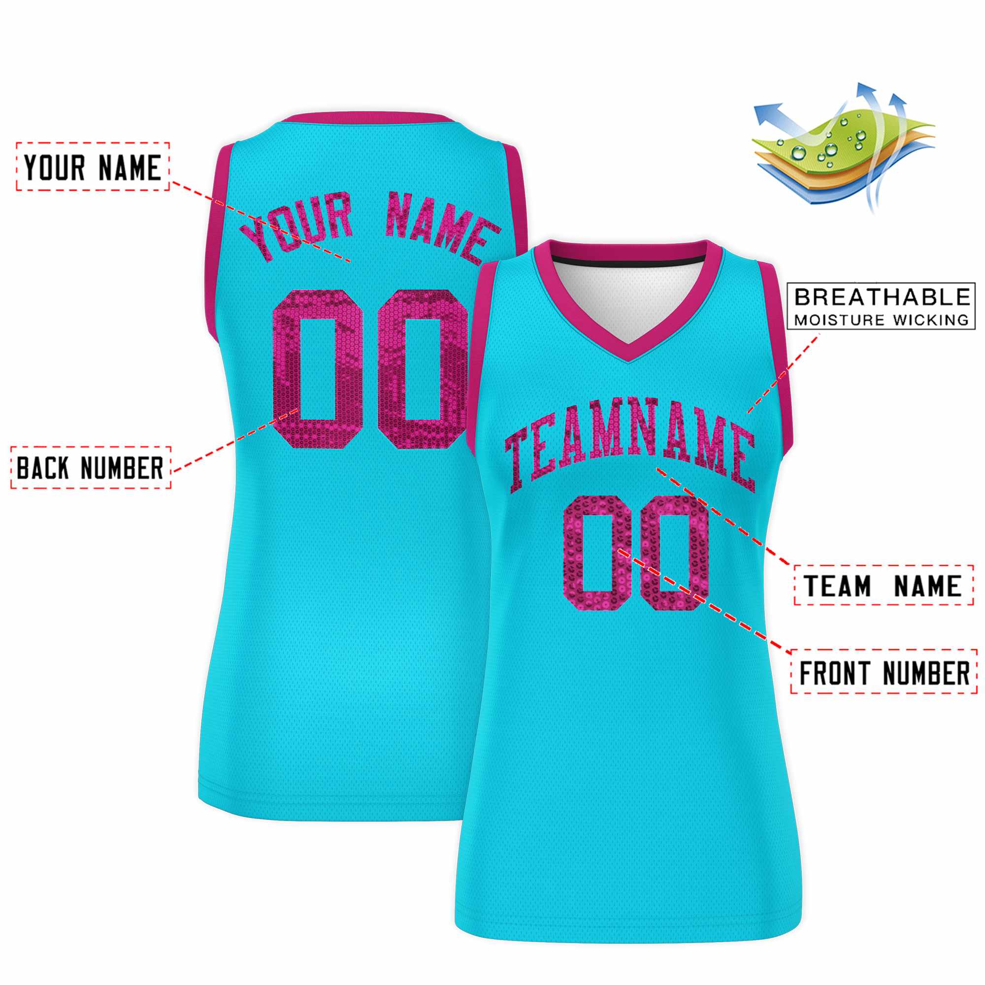 Custom Sky Blue Pink Women Basketball Jersey Sequined Dress|KXKSHOP