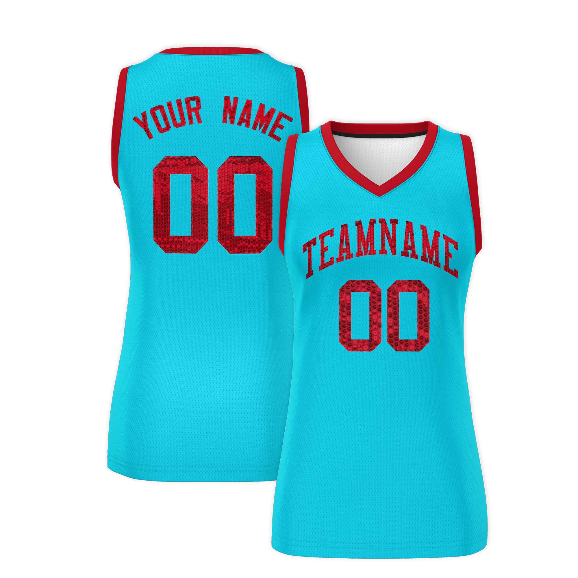 Custom Sky Blue Red Women Basketball Jersey Sequined Dress|KXKSHOP