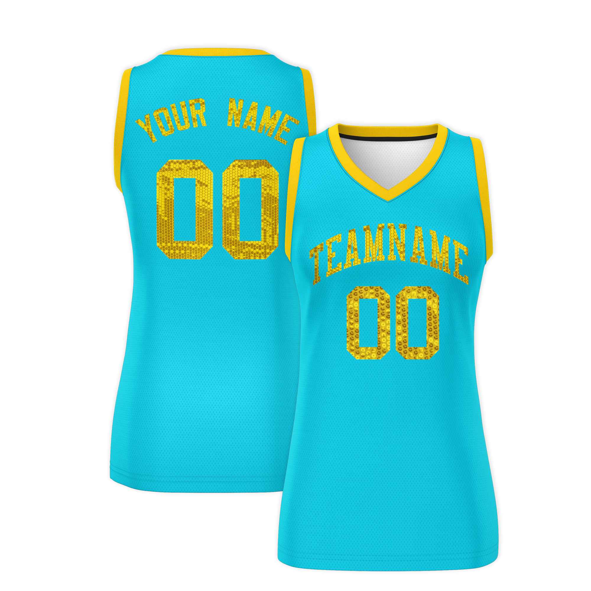 Custom Sky Blue Gold Women Basketball Jersey Sequined Dress|KXKSHOP