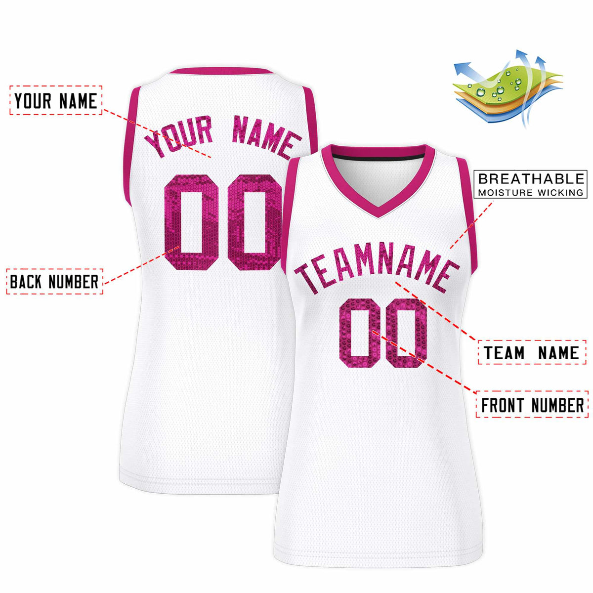 Custom White Pink Women Basketball Jersey Sequined Dress|KXKSHOP