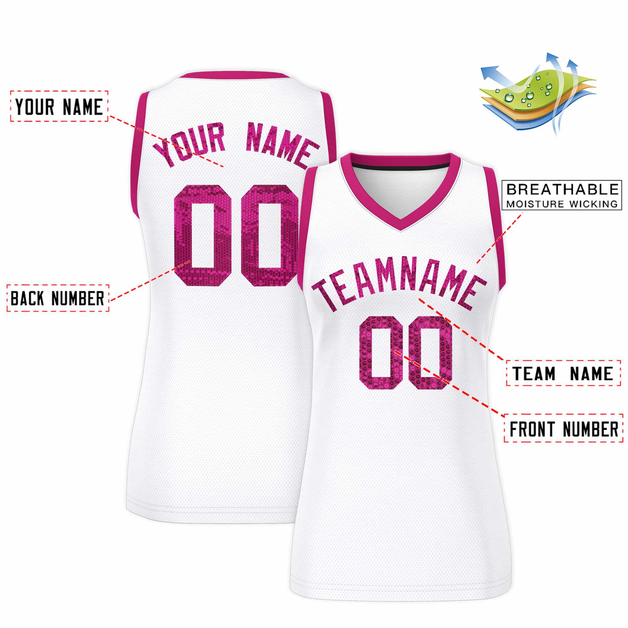 Custom White Pink Women Basketball Jersey Sequined Dress|KXKSHOP