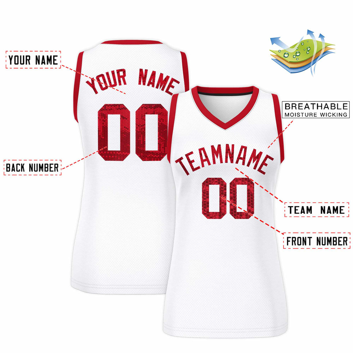 Custom White Red Women Basketball Jersey Sequined Dress|KXKSHOP