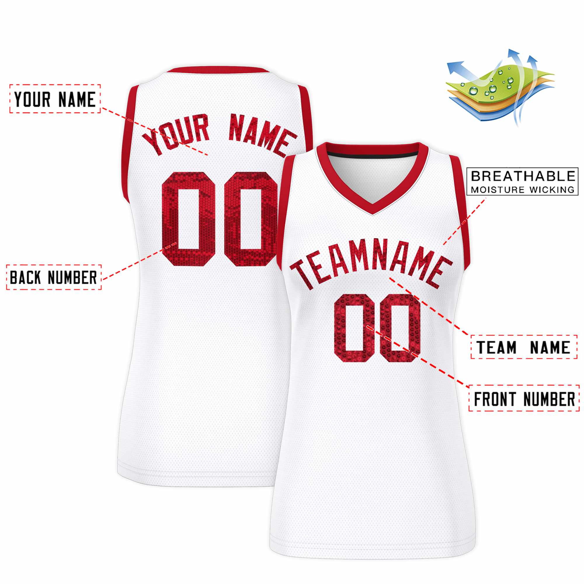Custom White Red Women Basketball Jersey Sequined Dress|KXKSHOP