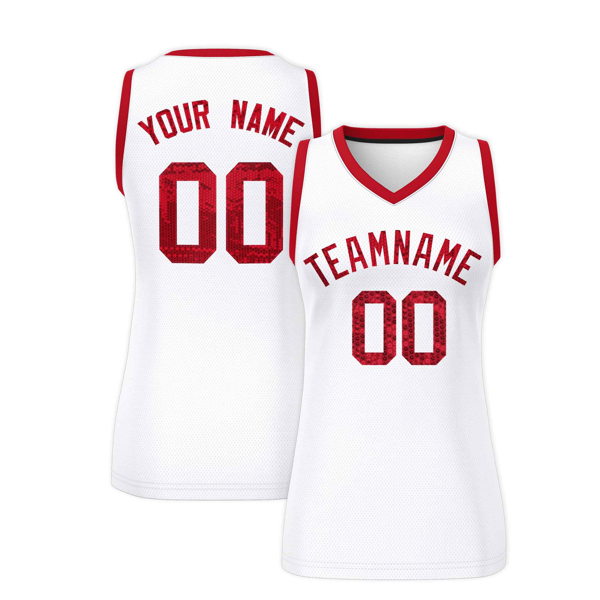 Custom White Red Women Basketball Jersey Sequined Dress|KXKSHOP