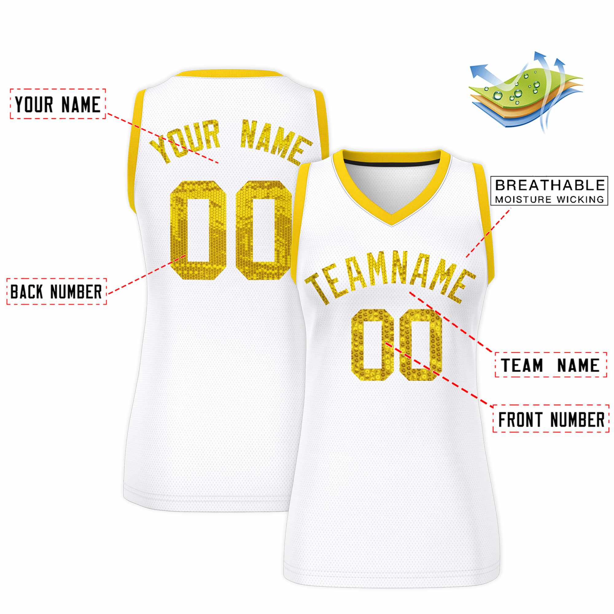 Custom White Gold Women Basketball Jersey Sequined Dress|KXKSHOP