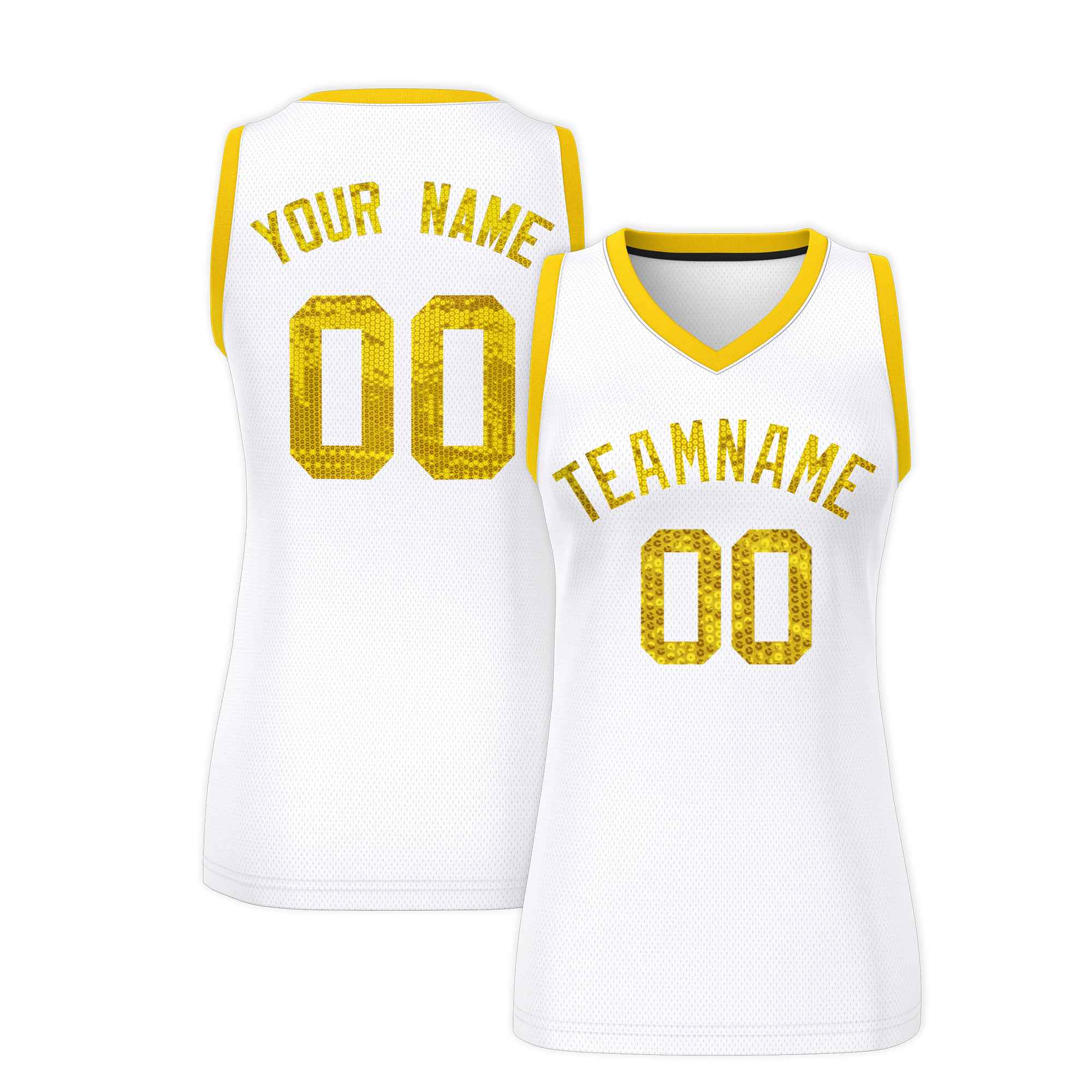 Custom White Gold Women Basketball Jersey Sequined Dress|KXKSHOP
