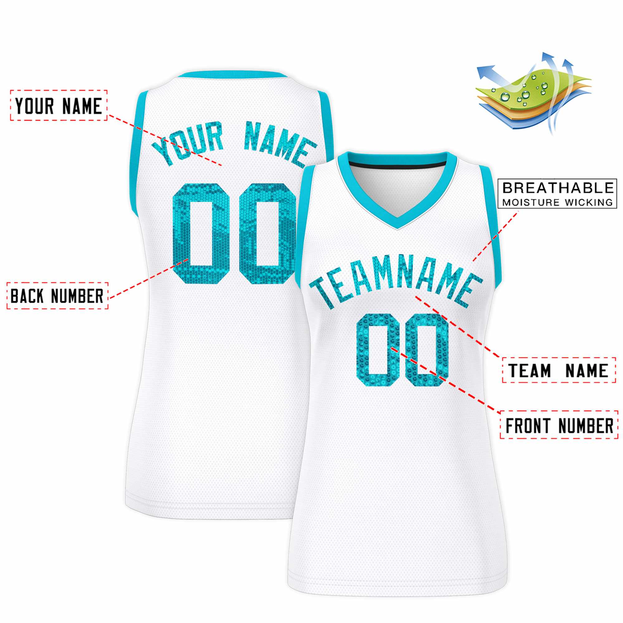 Custom White Sky Blue Women Basketball Jersey Sequined Dress|KXKSHOP