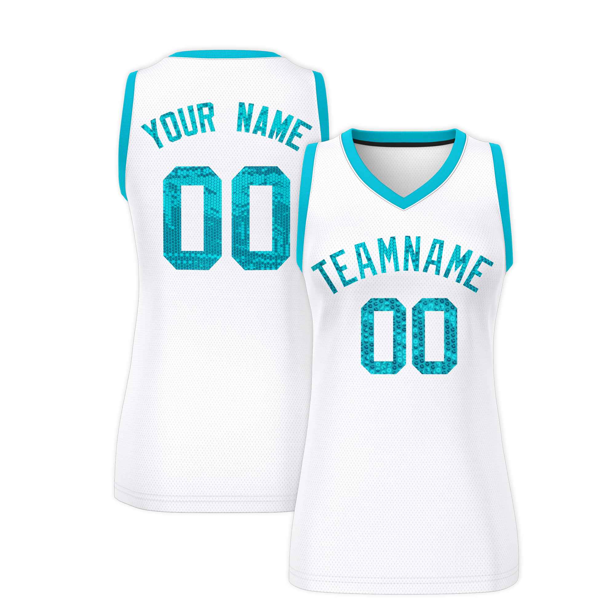 Custom White Sky Blue Women Basketball Jersey Sequined Dress|KXKSHOP