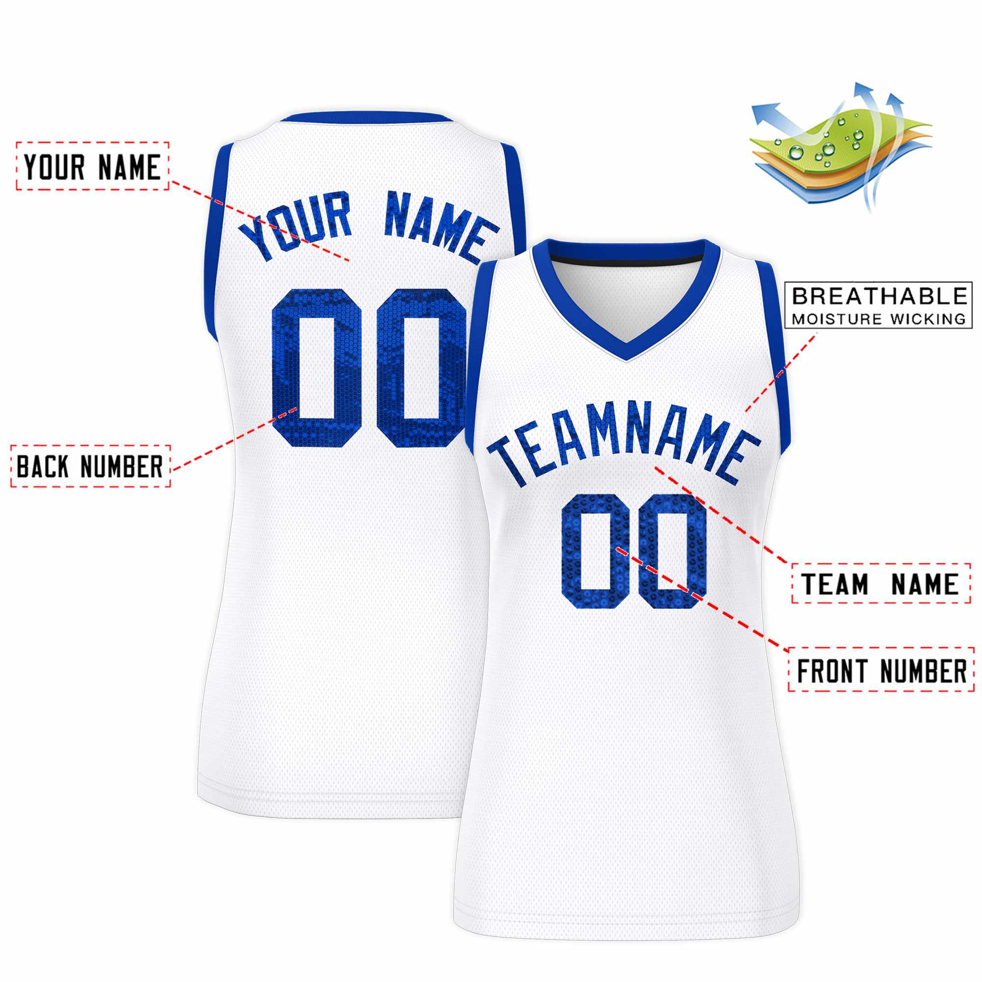 Custom White Royal Women Basketball Jersey Sequined Dress|KXKSHOP