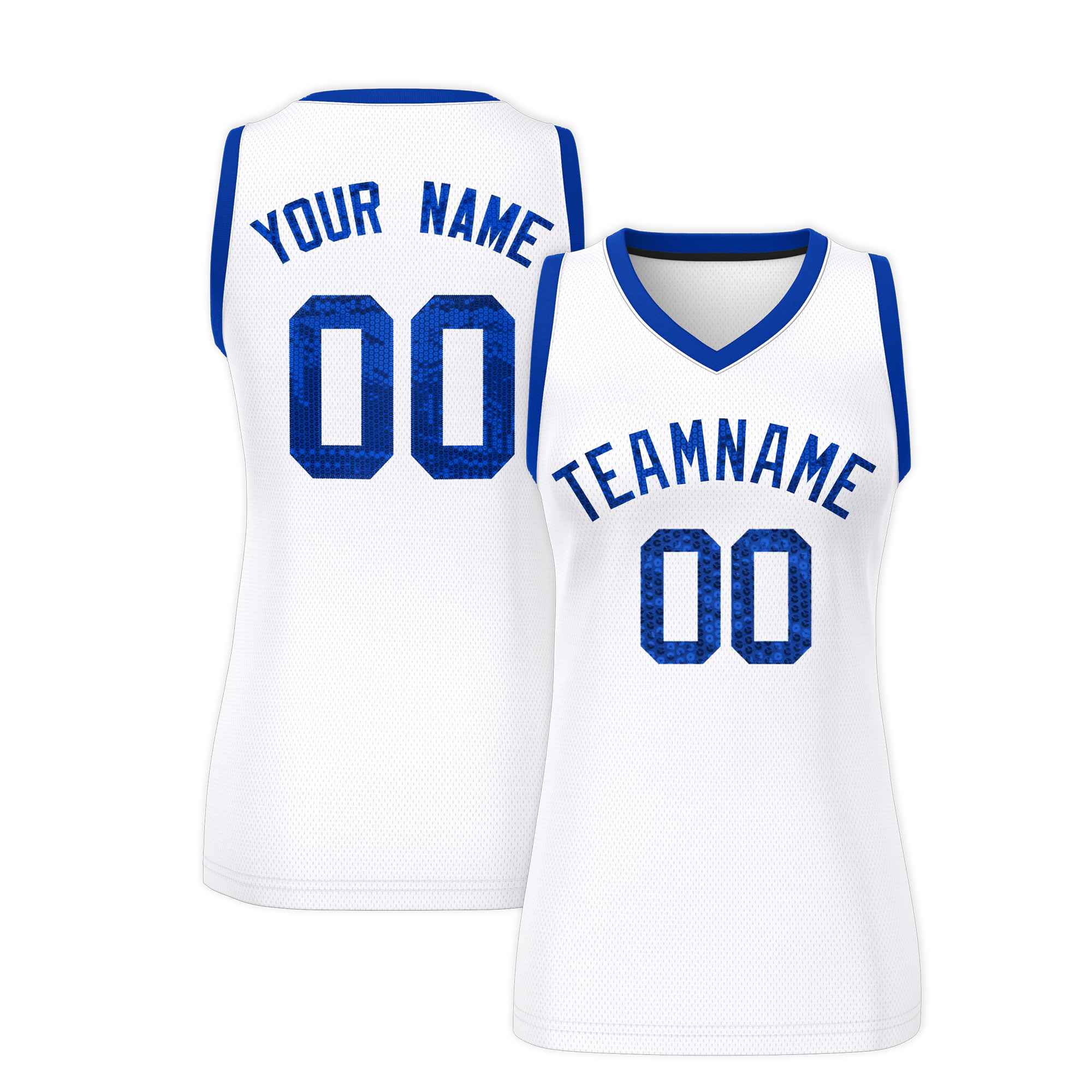 Custom White Royal Women Basketball Jersey Sequined Dress|KXKSHOP