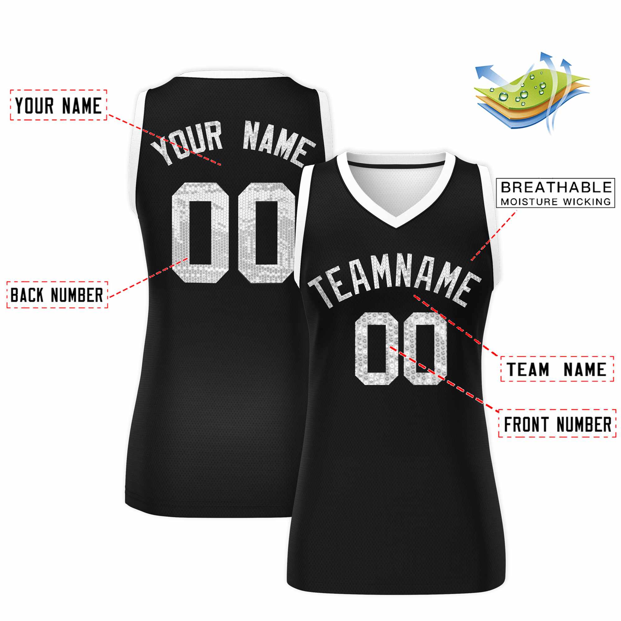 Custom Black White Women Basketball Jersey Sequined Dress|KXKSHOP